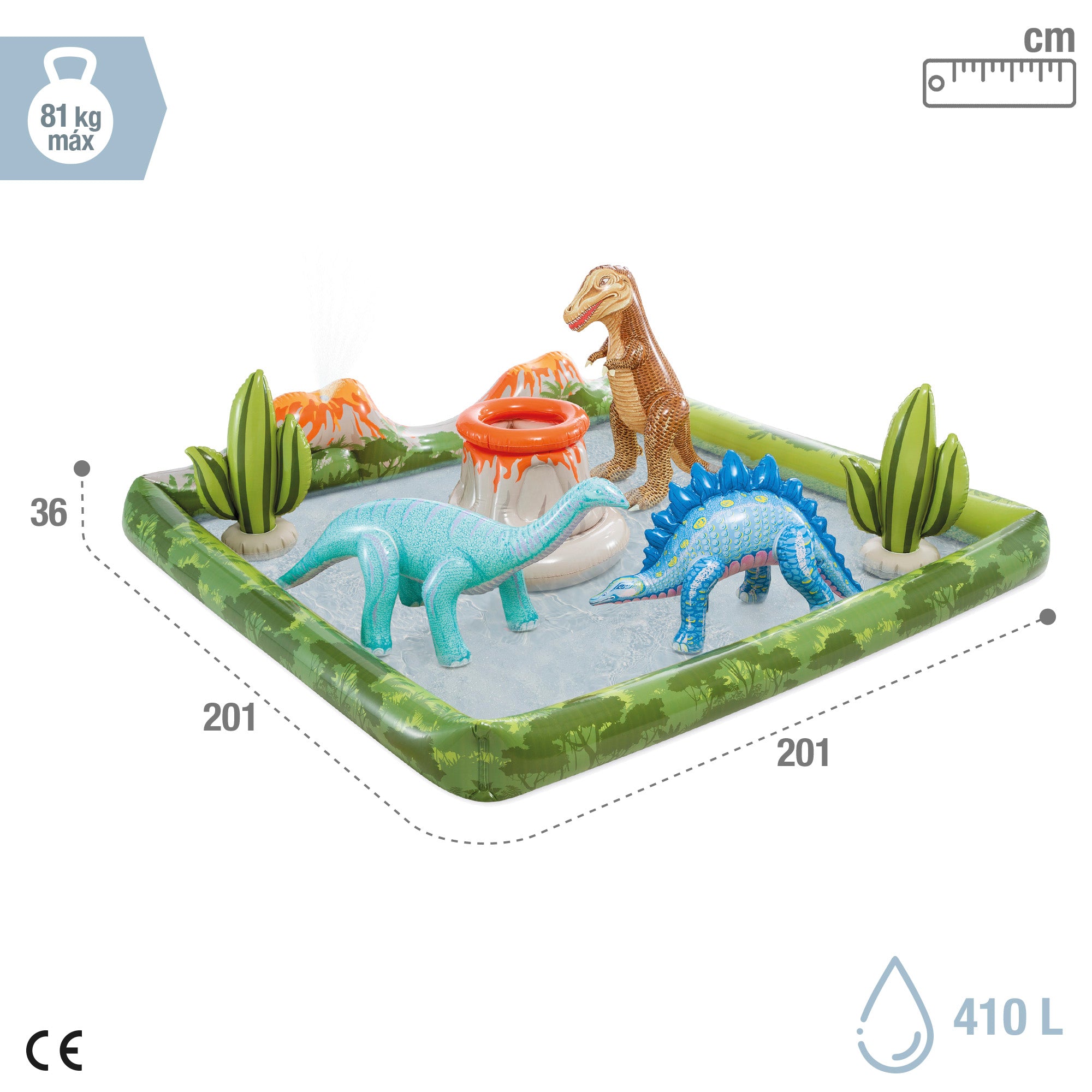 Centro de recreação aquática insuflável INTEX com tema de dinossauros, incluindo aspersor, piscina de bolas e brinquedos insufláveis.