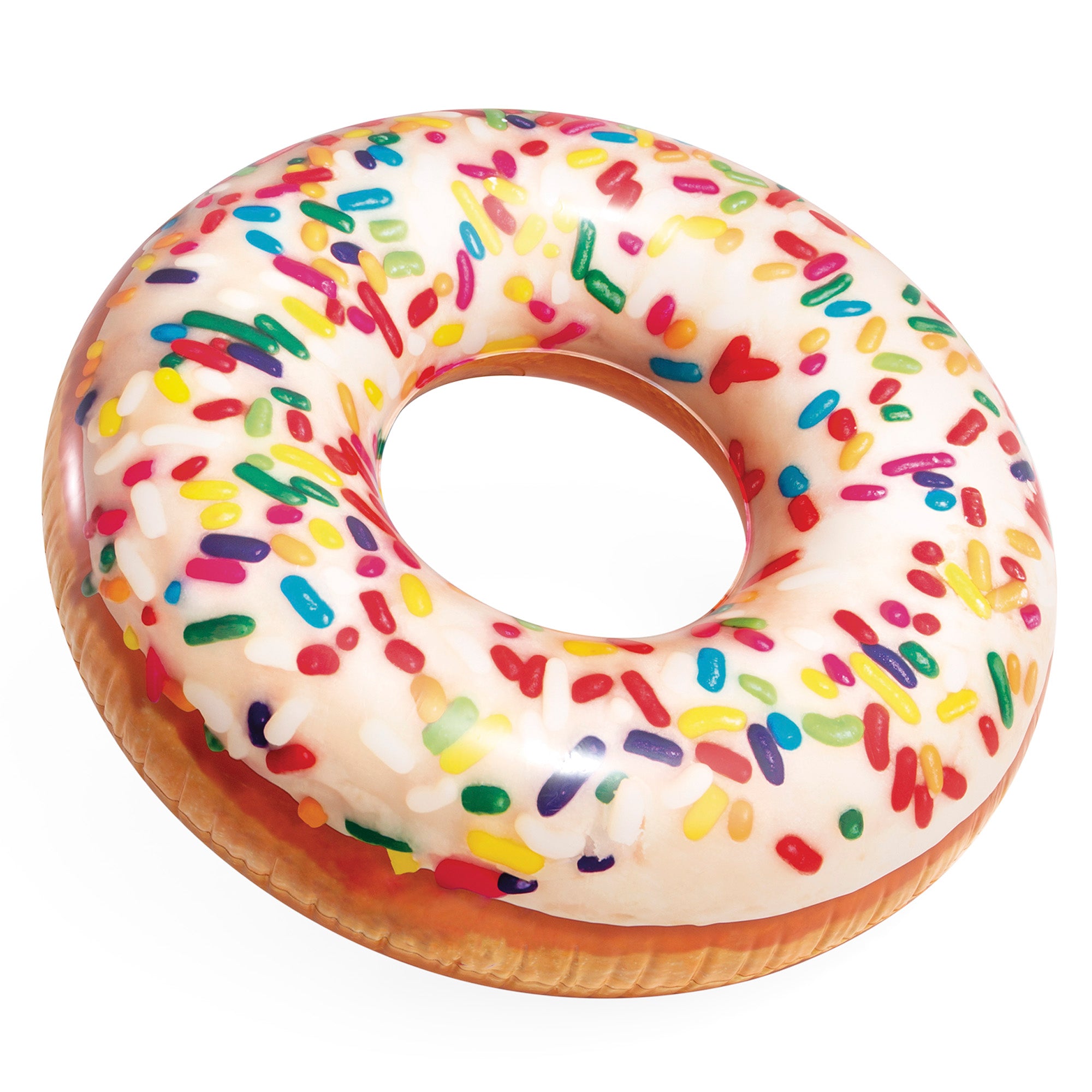 Roda insuflável em forma de donut da INTEX, colorida, com 99 cm de diâmetro.