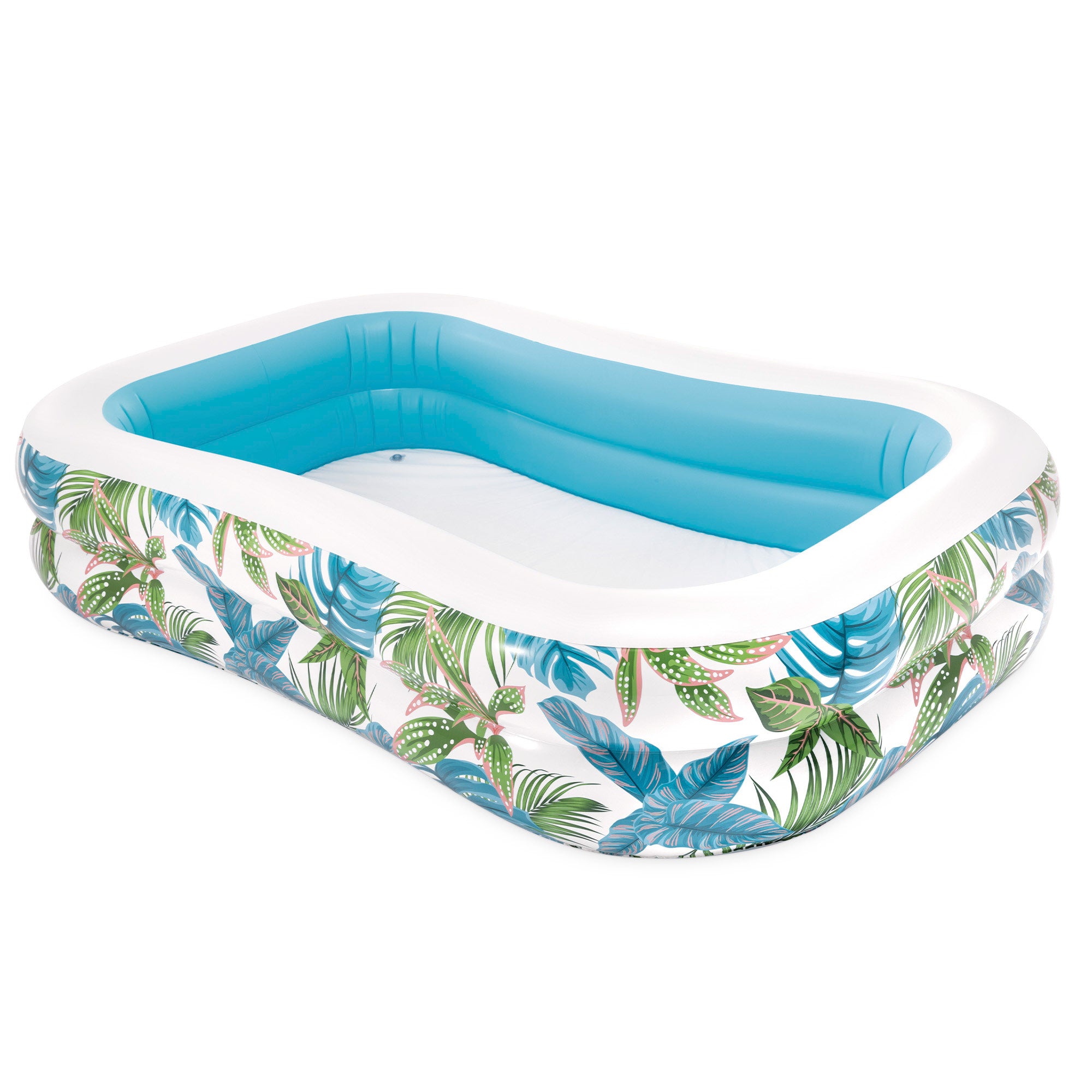 Piscina insuflável tropical INTEX com estampado de folhas e dreno.