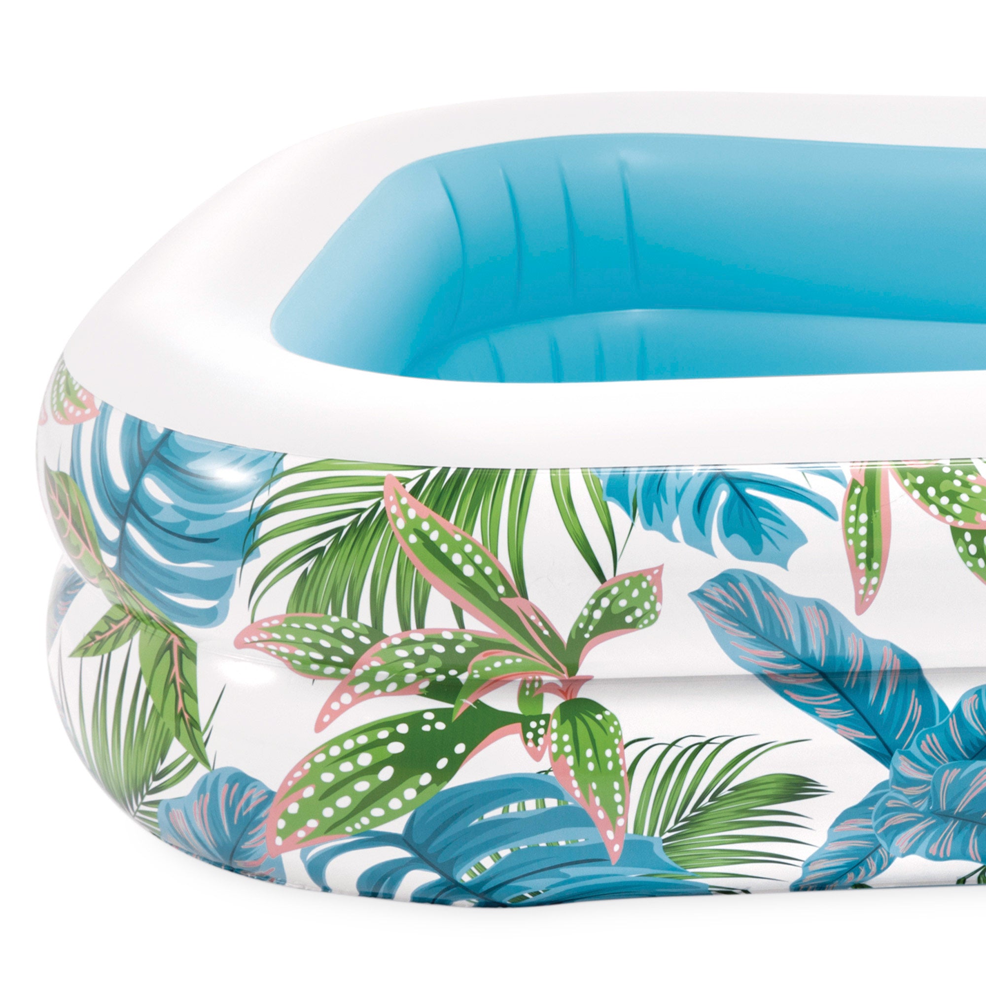Piscina insuflável tropical INTEX com estampado de folhas e dreno.