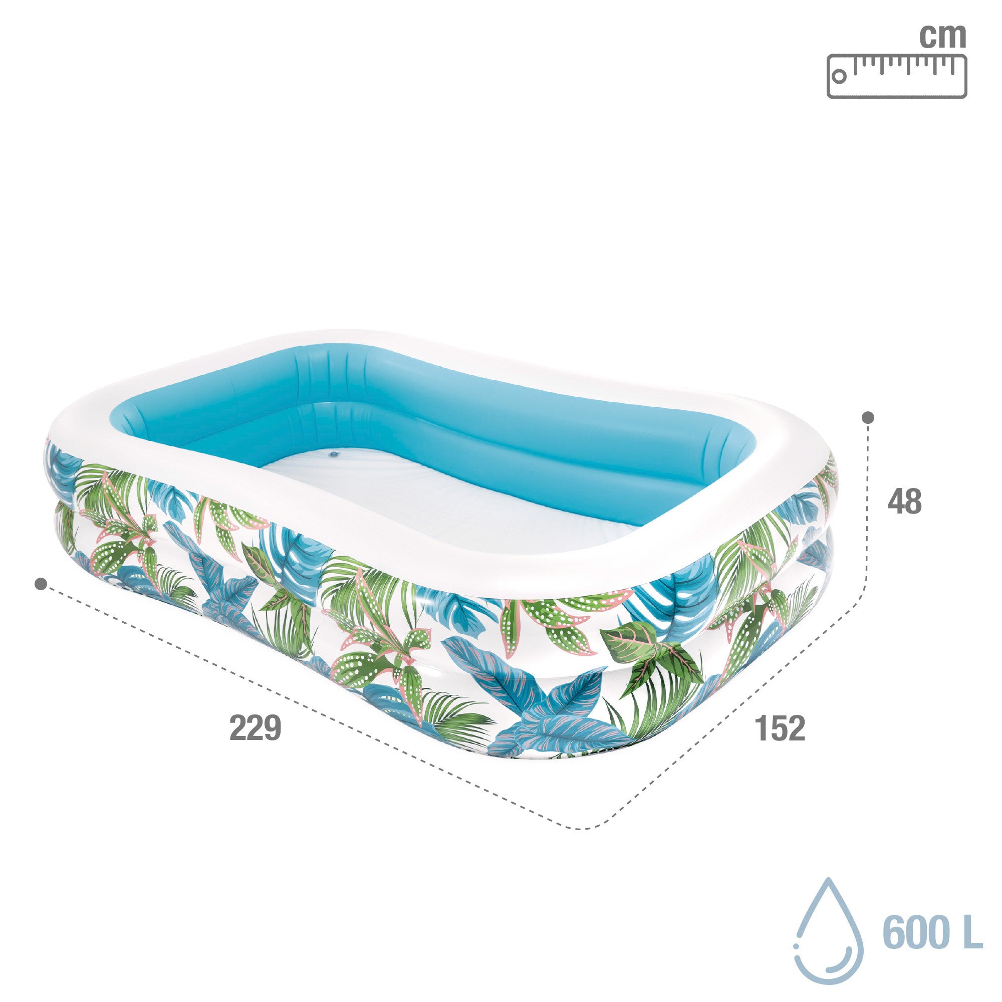 Piscina insuflável tropical INTEX com estampado de folhas e dreno.
