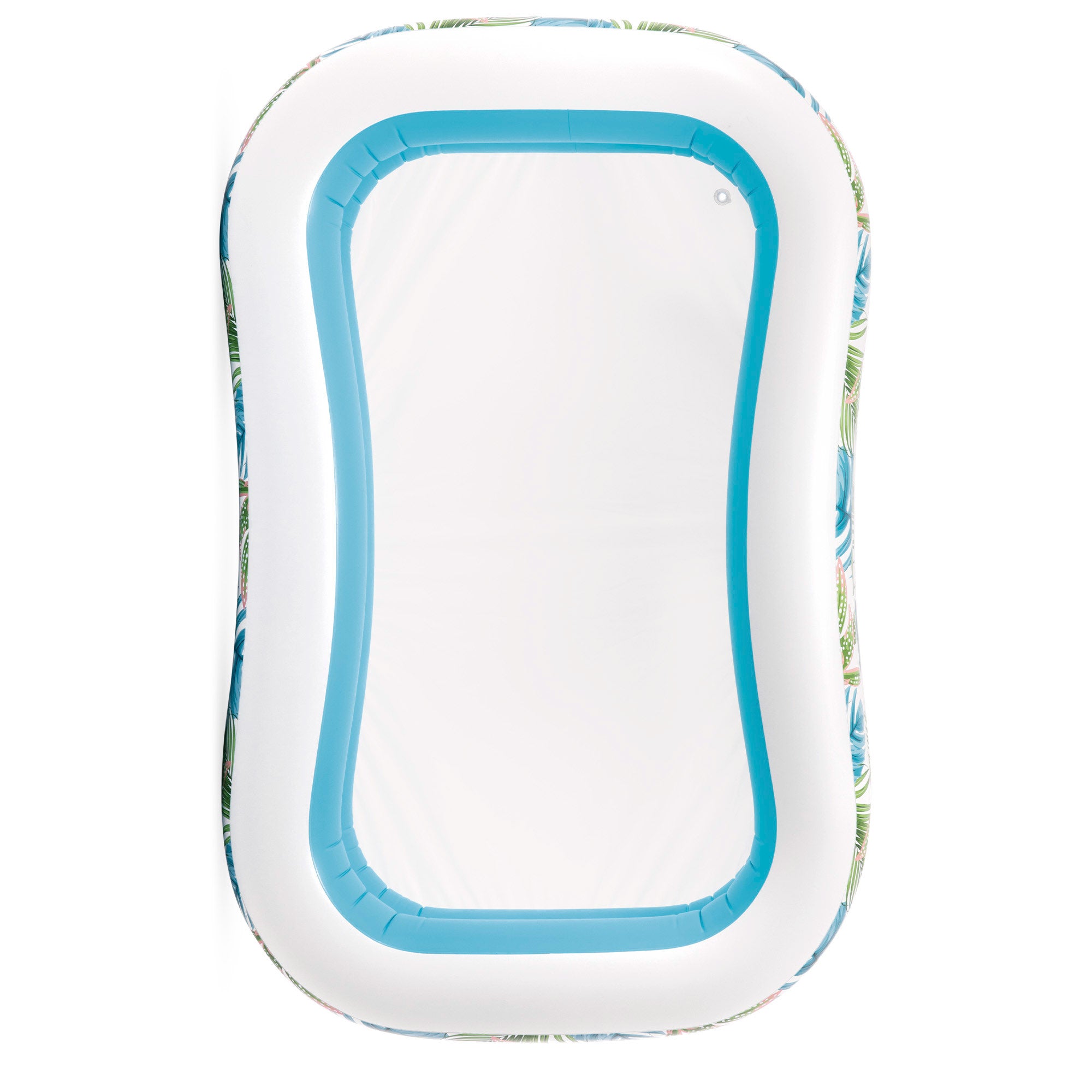 Piscina insuflável tropical INTEX com estampado de folhas e dreno.