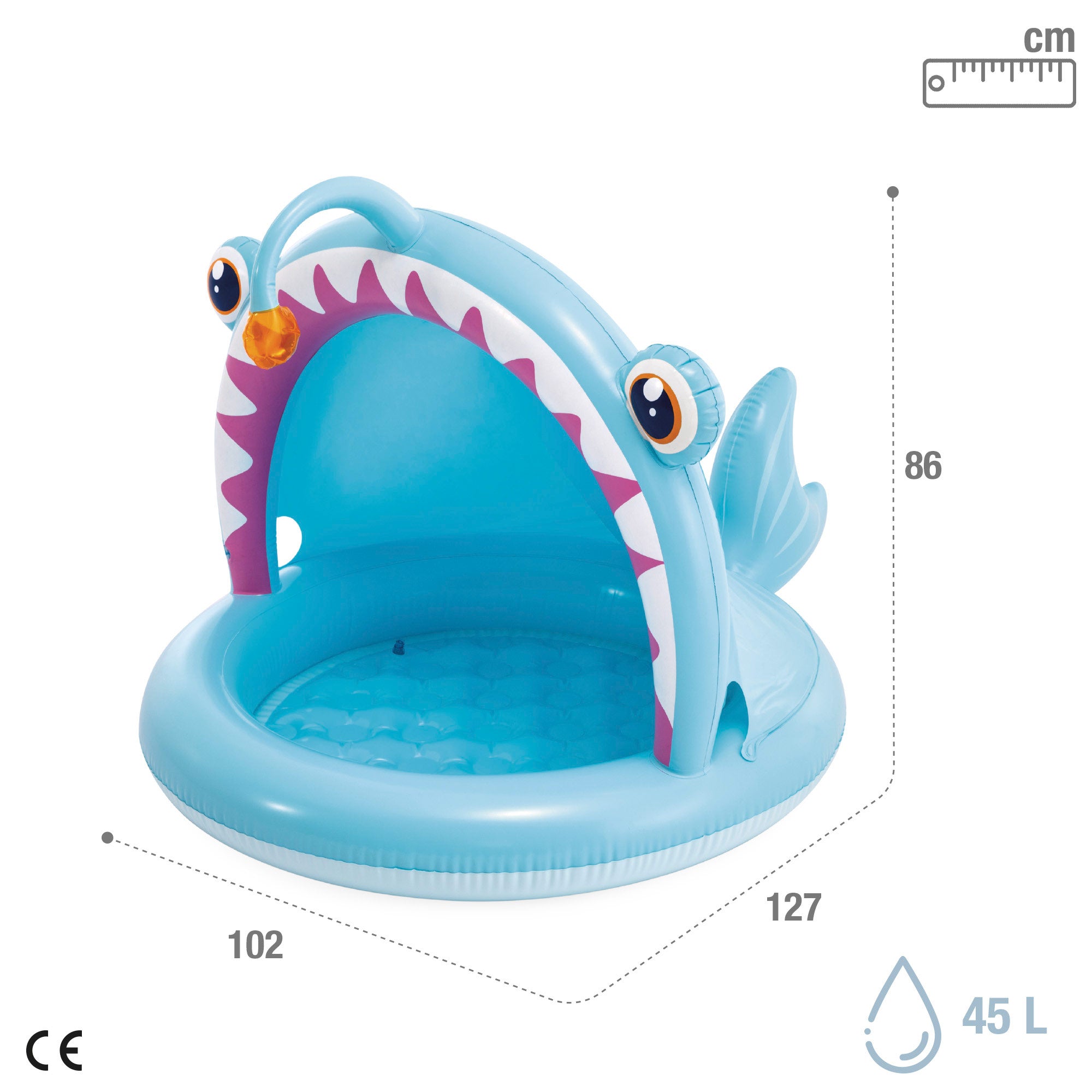 Piscina insuflável infantil INTEX em forma de peixe-anjo com cobertura e piso almofadado.