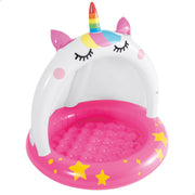 Piscina insuflável INTEX em forma de unicórnio com cobertura e piso almofadado.