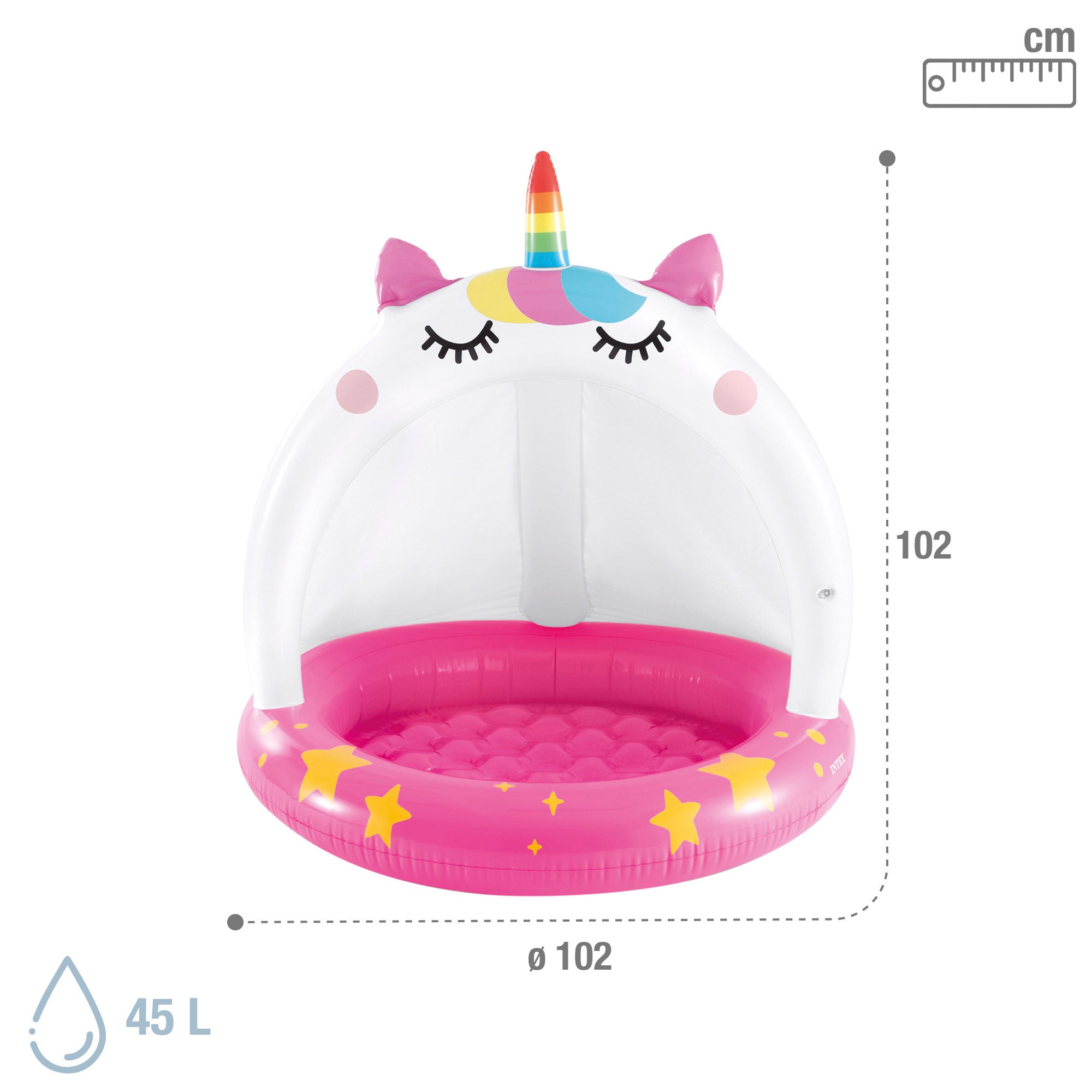 Piscina insuflável INTEX em forma de unicórnio com cobertura e piso almofadado.