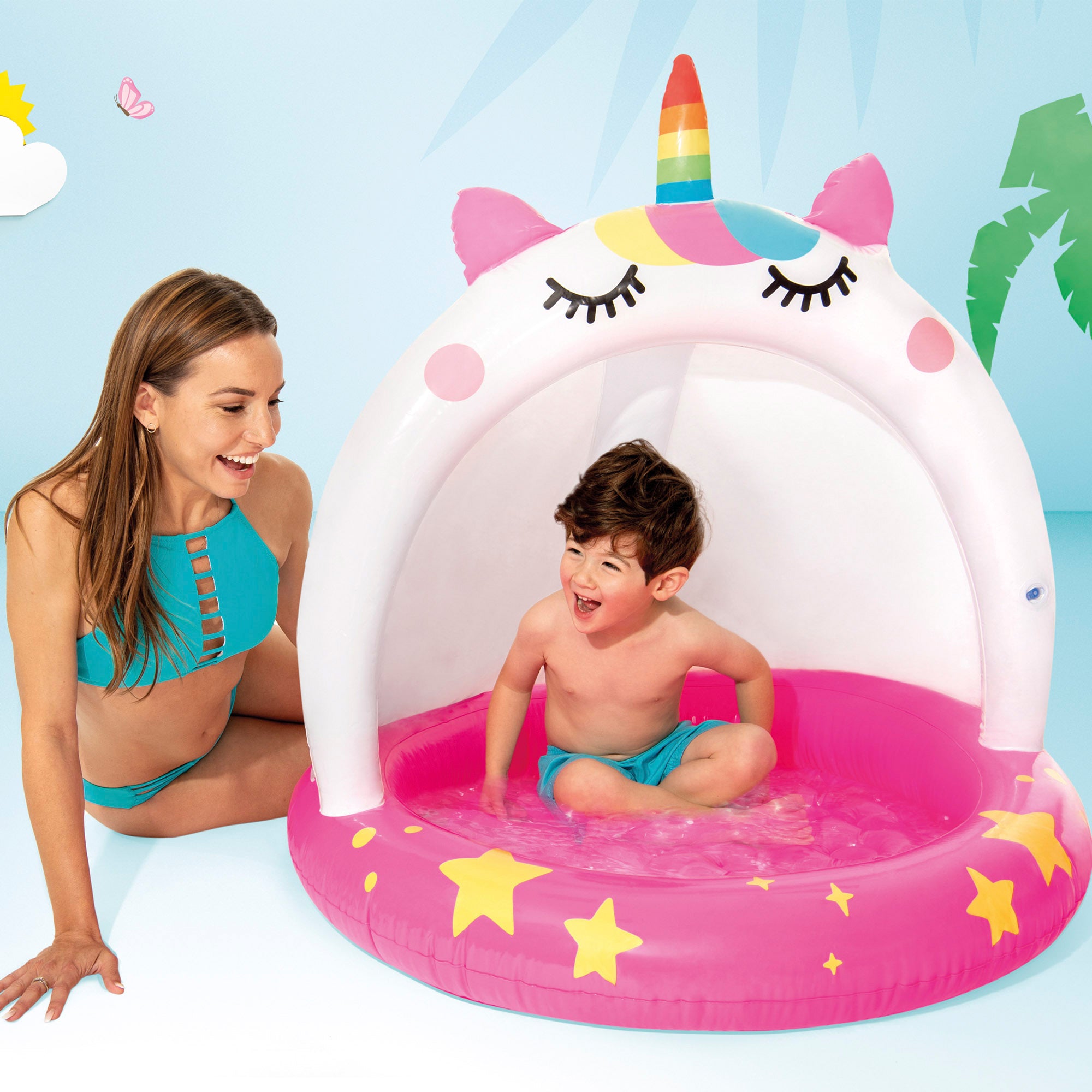 Piscina insuflável INTEX em forma de unicórnio com cobertura e piso almofadado.