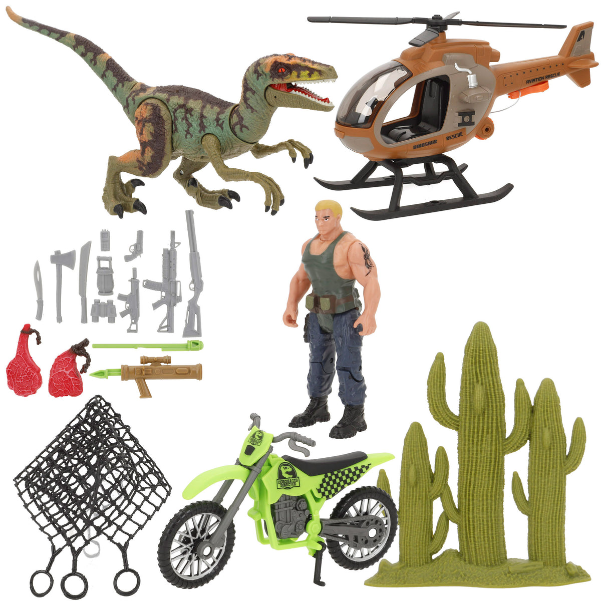 Conjunto de dinossauro com helicóptero, mota e explorador Animal World