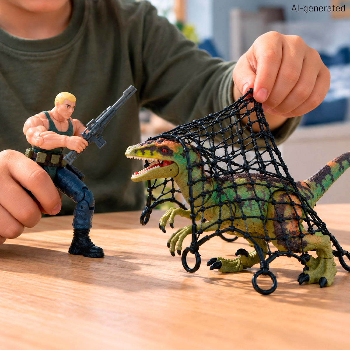 Conjunto de dinossauro com helicóptero, mota e explorador Animal World