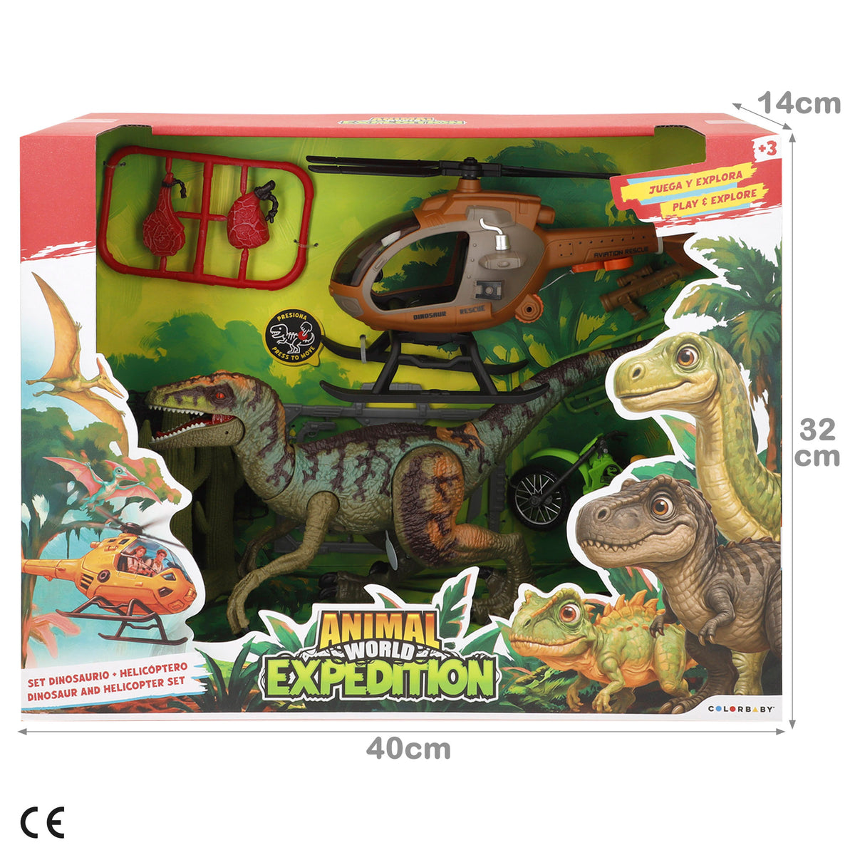 Conjunto de dinossauro com helicóptero, mota e explorador Animal World