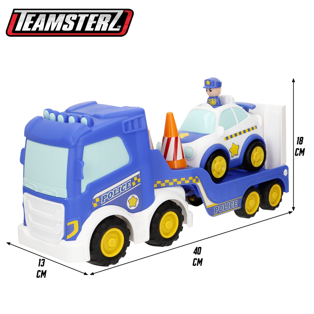 Camião de polícia para transportar carros com carro Push & Go e 2 cones Teamsterz