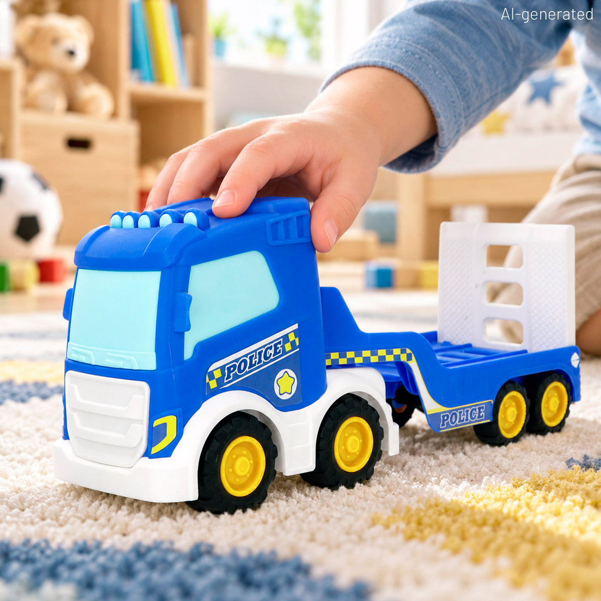 Camião de polícia para transportar carros com carro Push & Go e 2 cones Teamsterz