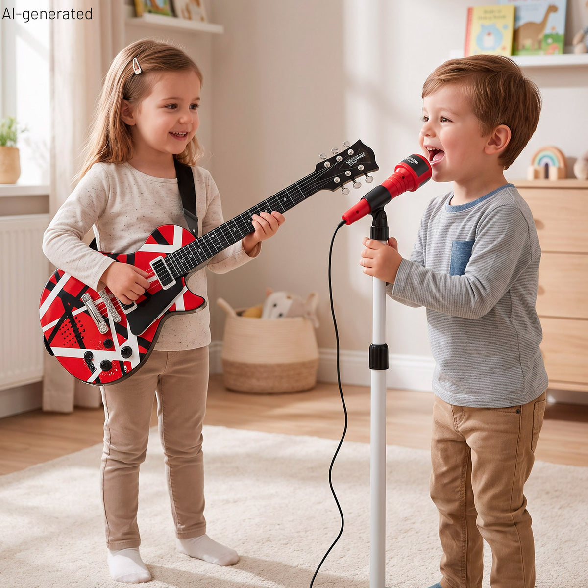 Guitarra elétrica de rock 56 cm vermelho, preto e branco com microfone de pé Bontempi