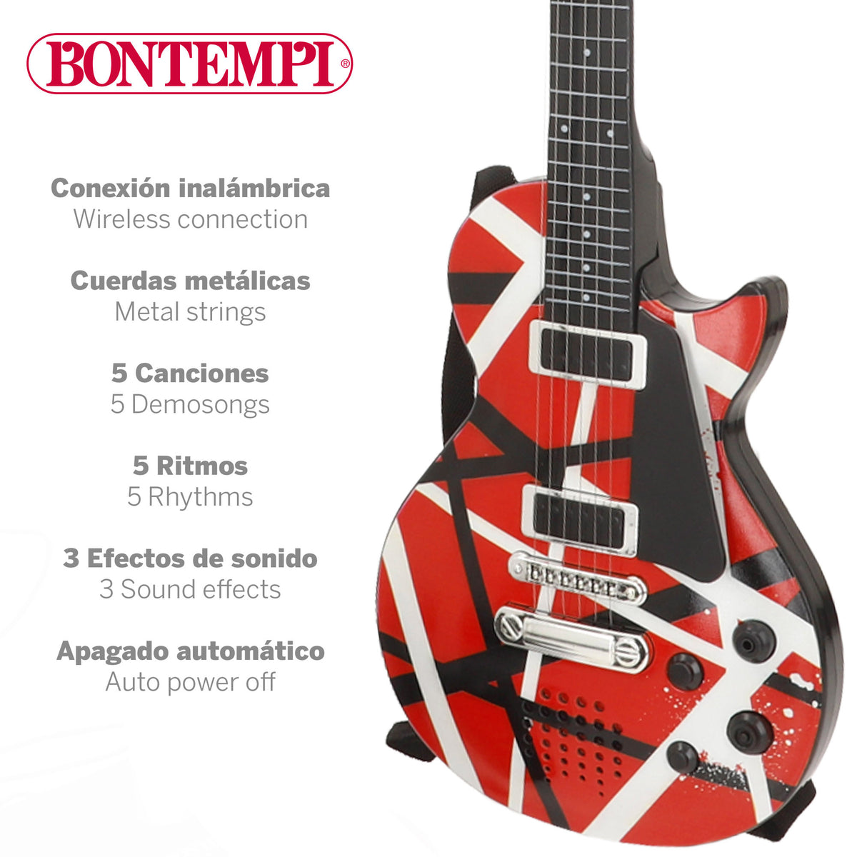 Guitarra elétrica de rock 56 cm vermelho, preto e branco com microfone de pé Bontempi