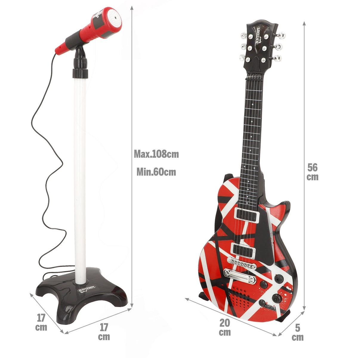 Guitarra elétrica de rock 56 cm vermelho, preto e branco com microfone de pé Bontempi