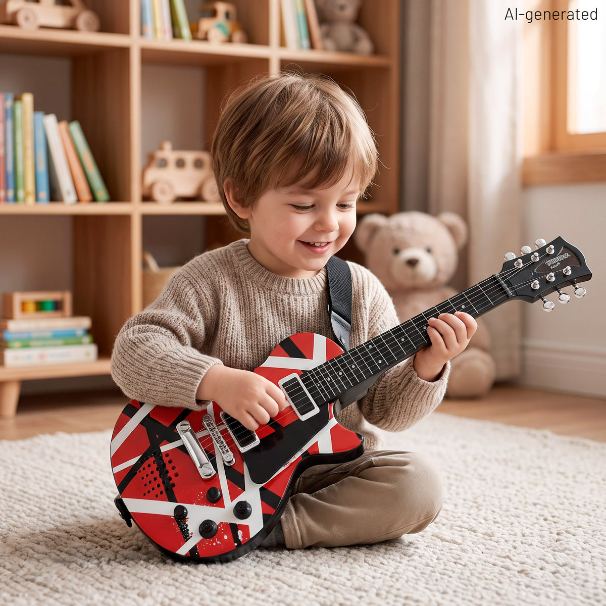 Guitarra elétrica de rock 56 cm vermelho, preto e branco com microfone de pé Bontempi