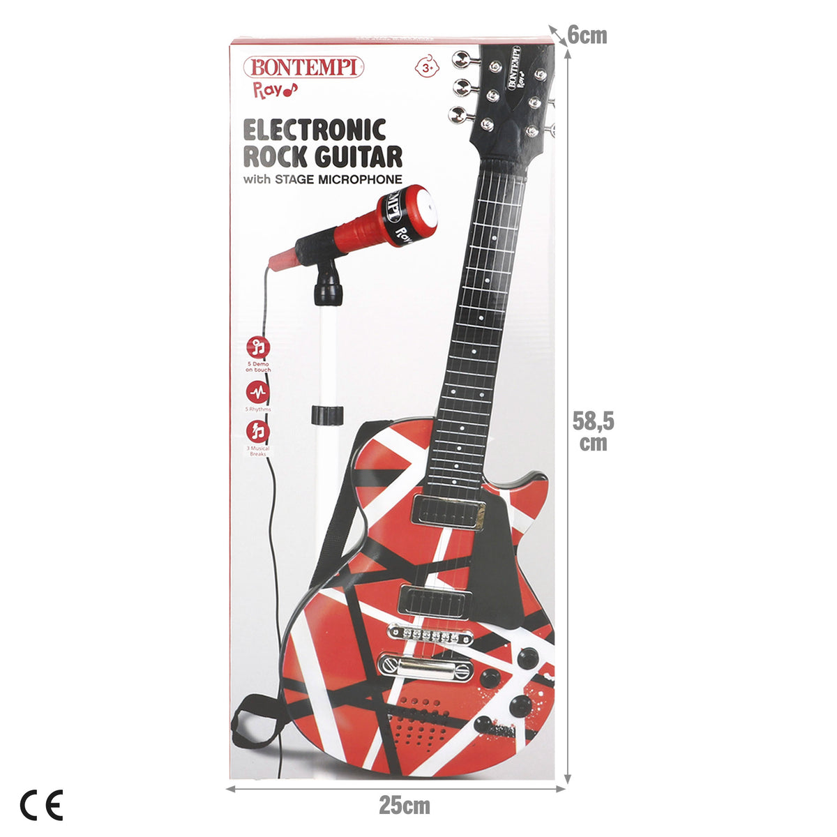 Guitarra elétrica de rock 56 cm vermelho, preto e branco com microfone de pé Bontempi