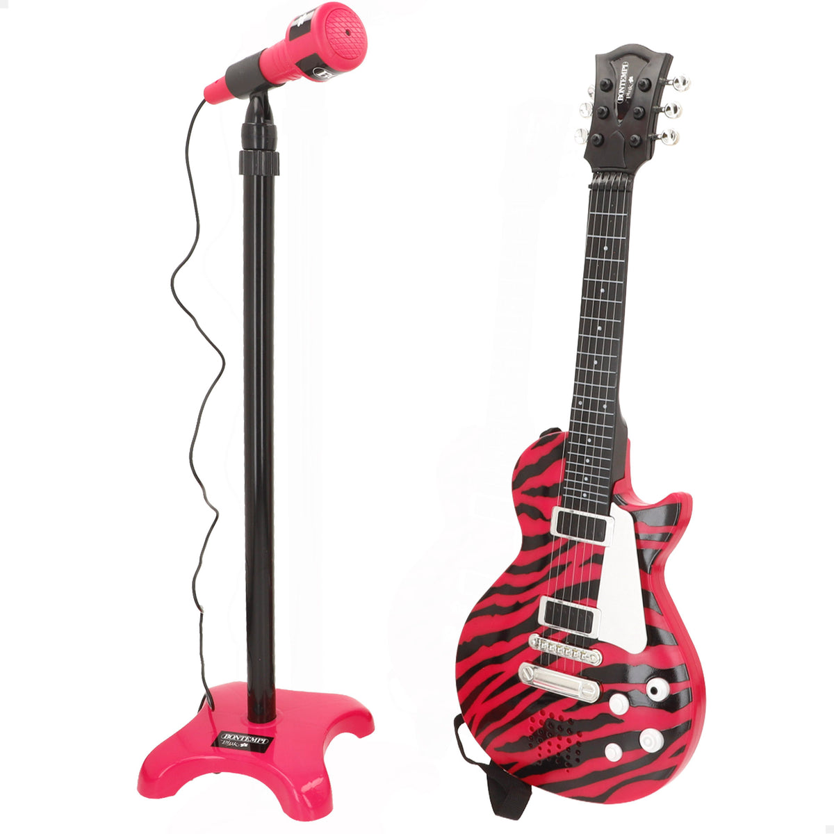 Guitarra elétrica de rock 56 cm rosa e preta com microfone de pé Bontempi