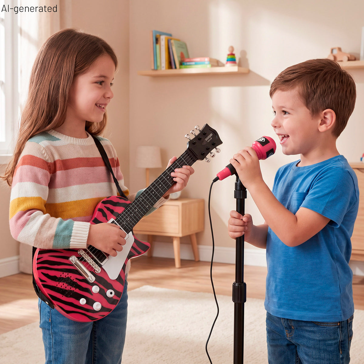 Guitarra elétrica de rock 56 cm rosa e preta com microfone de pé Bontempi