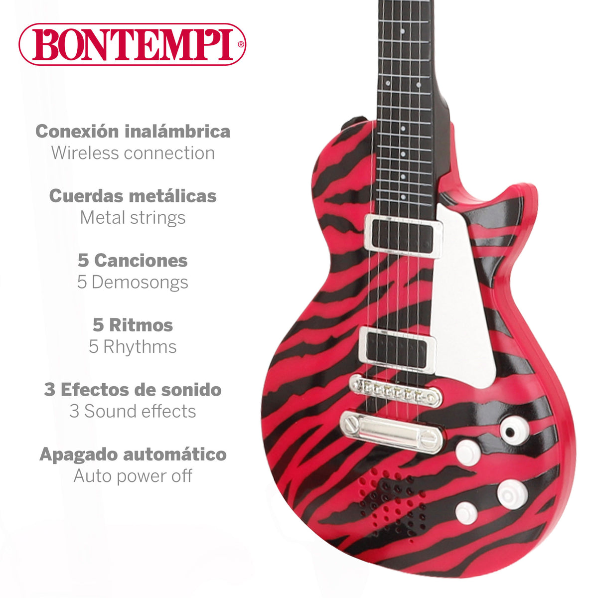 Guitarra elétrica de rock 56 cm rosa e preta com microfone de pé Bontempi