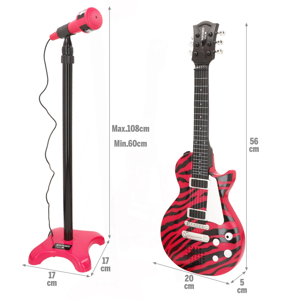 Guitarra elétrica de rock 56 cm rosa e preta com microfone de pé Bontempi
