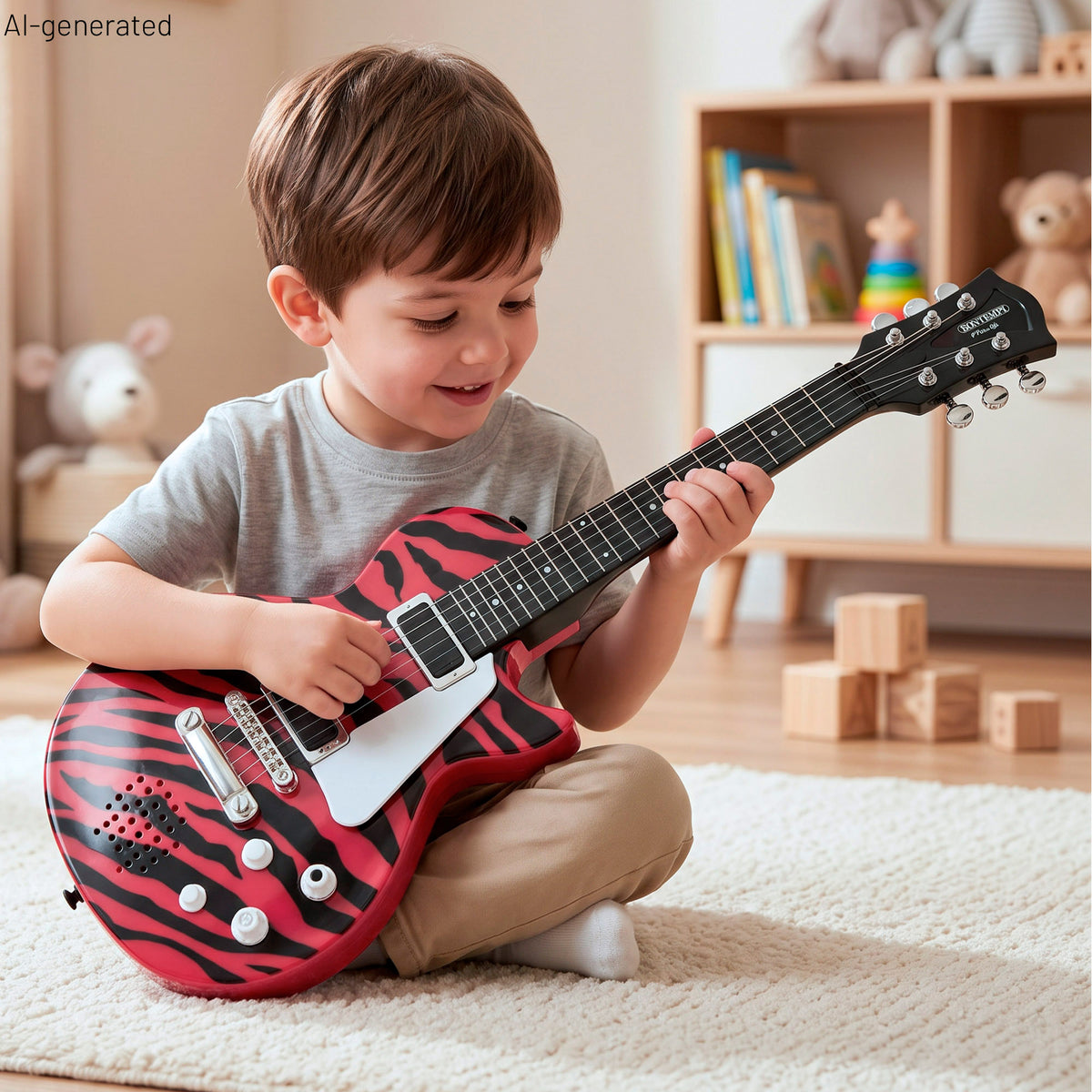 Guitarra elétrica de rock 56 cm rosa e preta com microfone de pé Bontempi