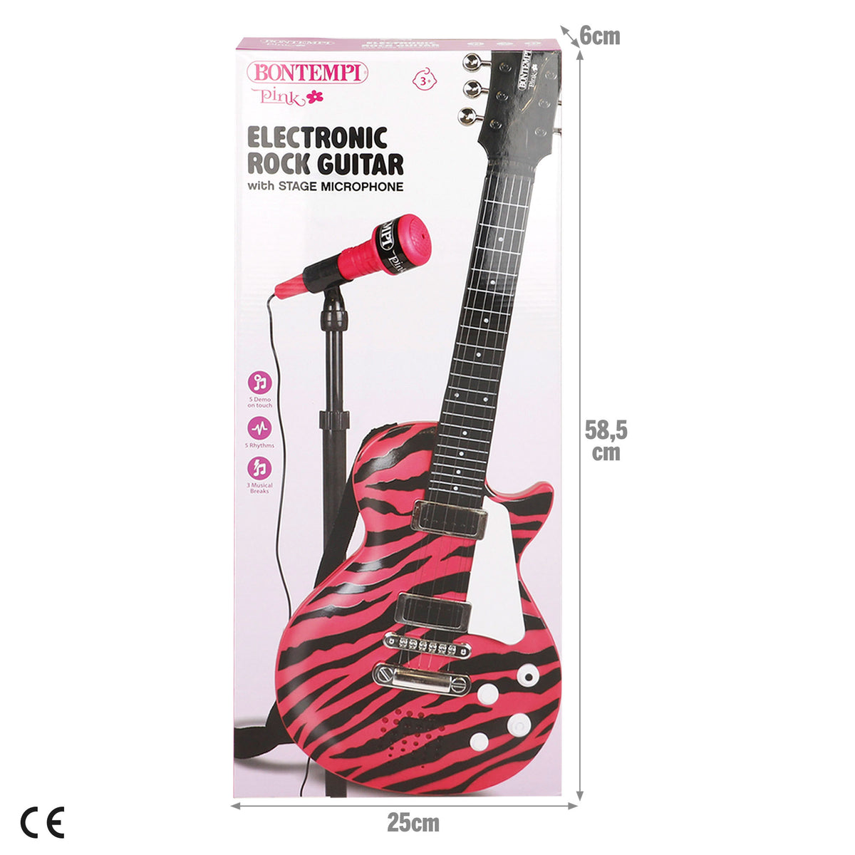 Guitarra elétrica de rock 56 cm rosa e preta com microfone de pé Bontempi