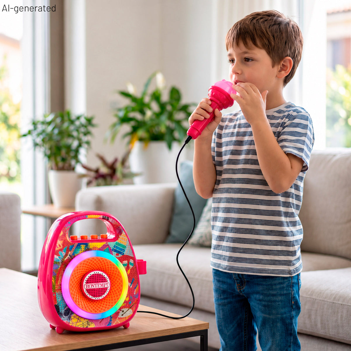 Coluna sem fios mini cor-de-rosa com microfone e luzes coloridas Bontempi