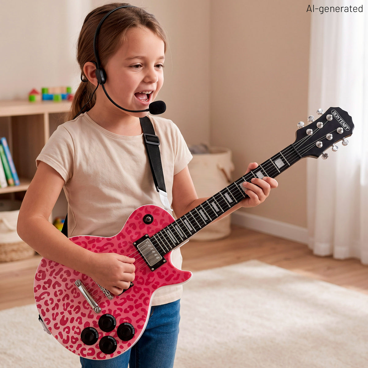 Guitarra eletrónica para crianças rosa animal print 69 cm com microfone de cabeça Bontempi