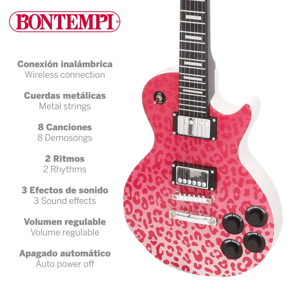 Guitarra eletrónica para crianças rosa animal print 69 cm com microfone de cabeça Bontempi
