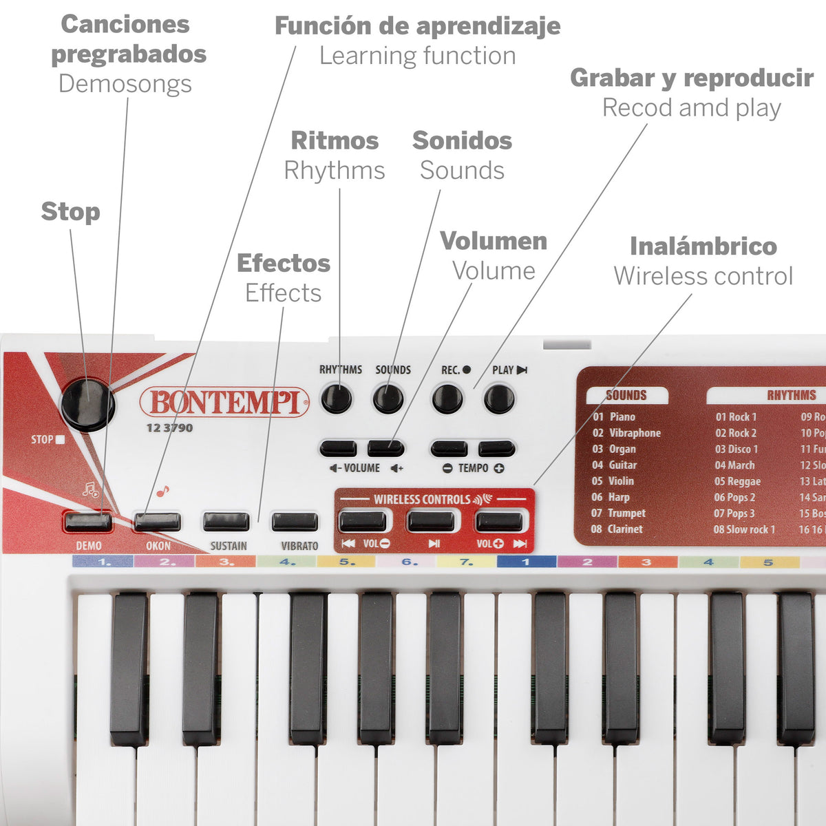 Teclado eletrónico para crianças 37 teclas com ritmos, sons e função de aprendizagem Bontempi