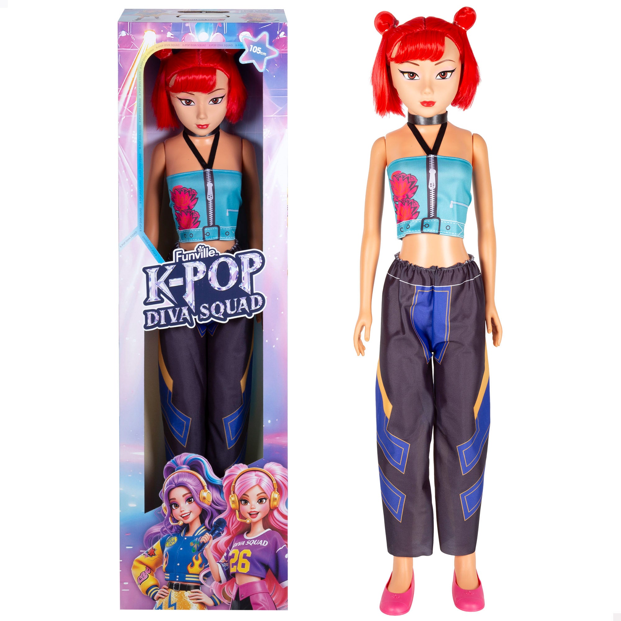 Boneca grande 105 cm cabelo vermelho + 3 anos K-Pop Diva Squad