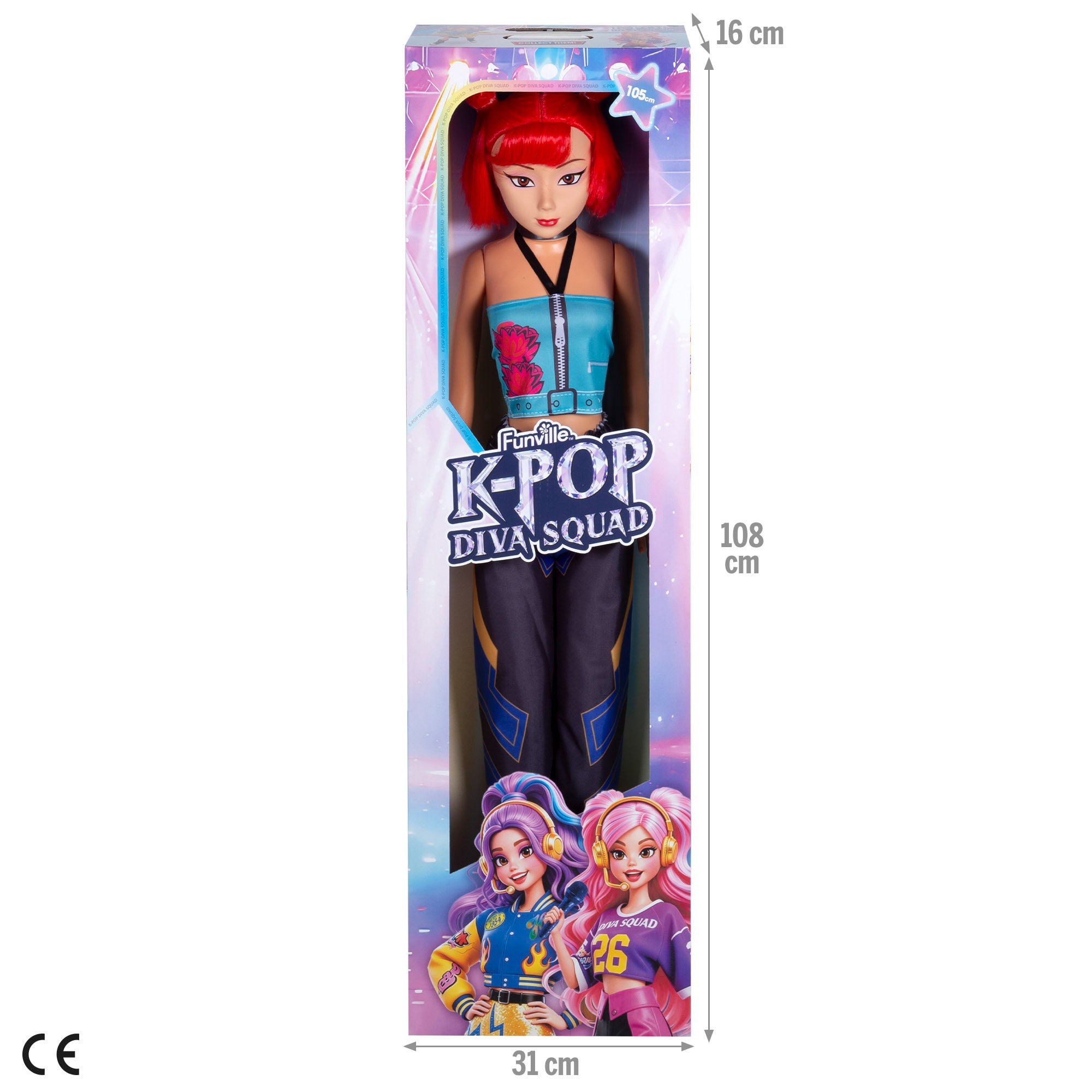 Boneca grande 105 cm cabelo vermelho + 3 anos K-Pop Diva Squad