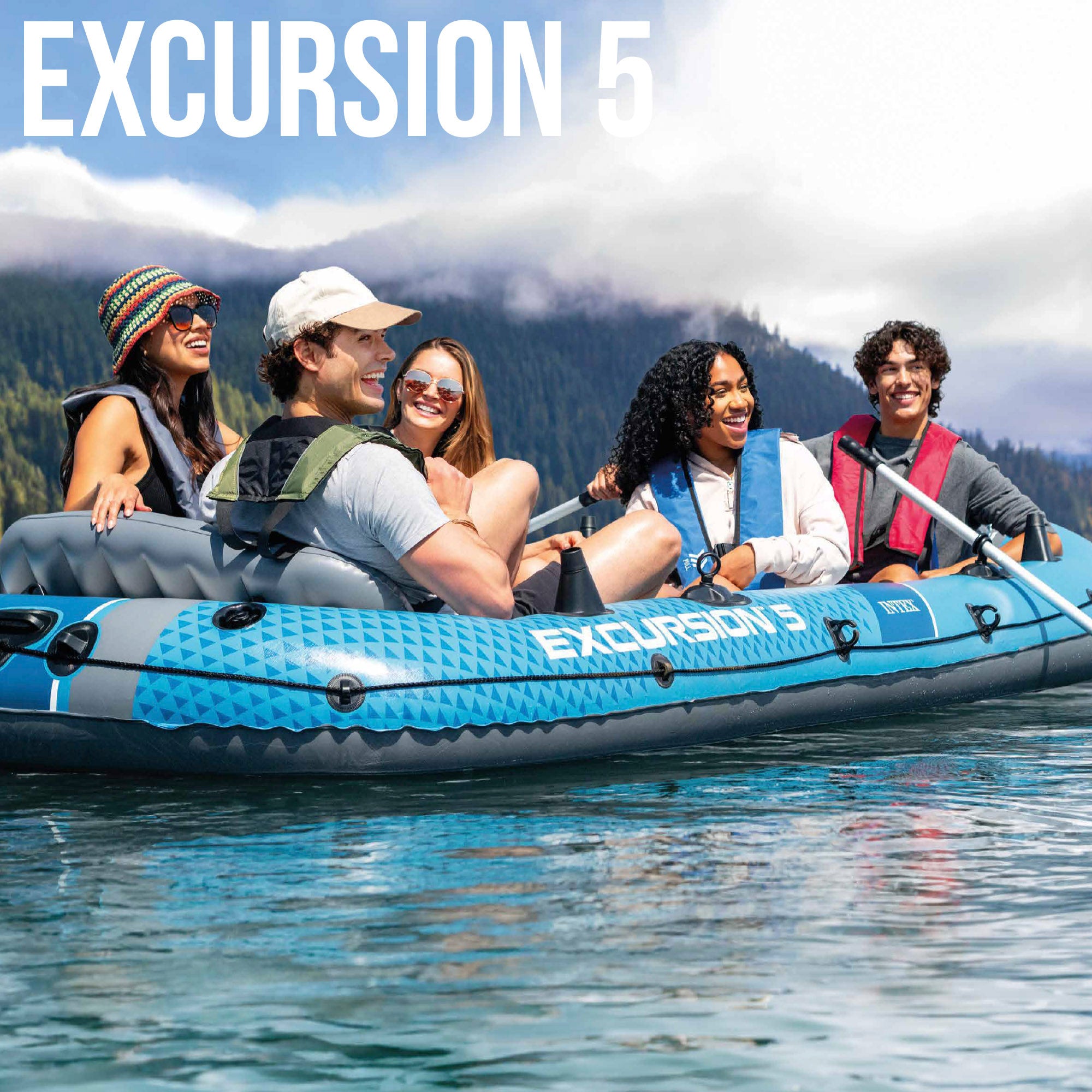 Bote insuflável INTEX Excursion 5 com remos, bomba de enchimento e assentos insufláveis.