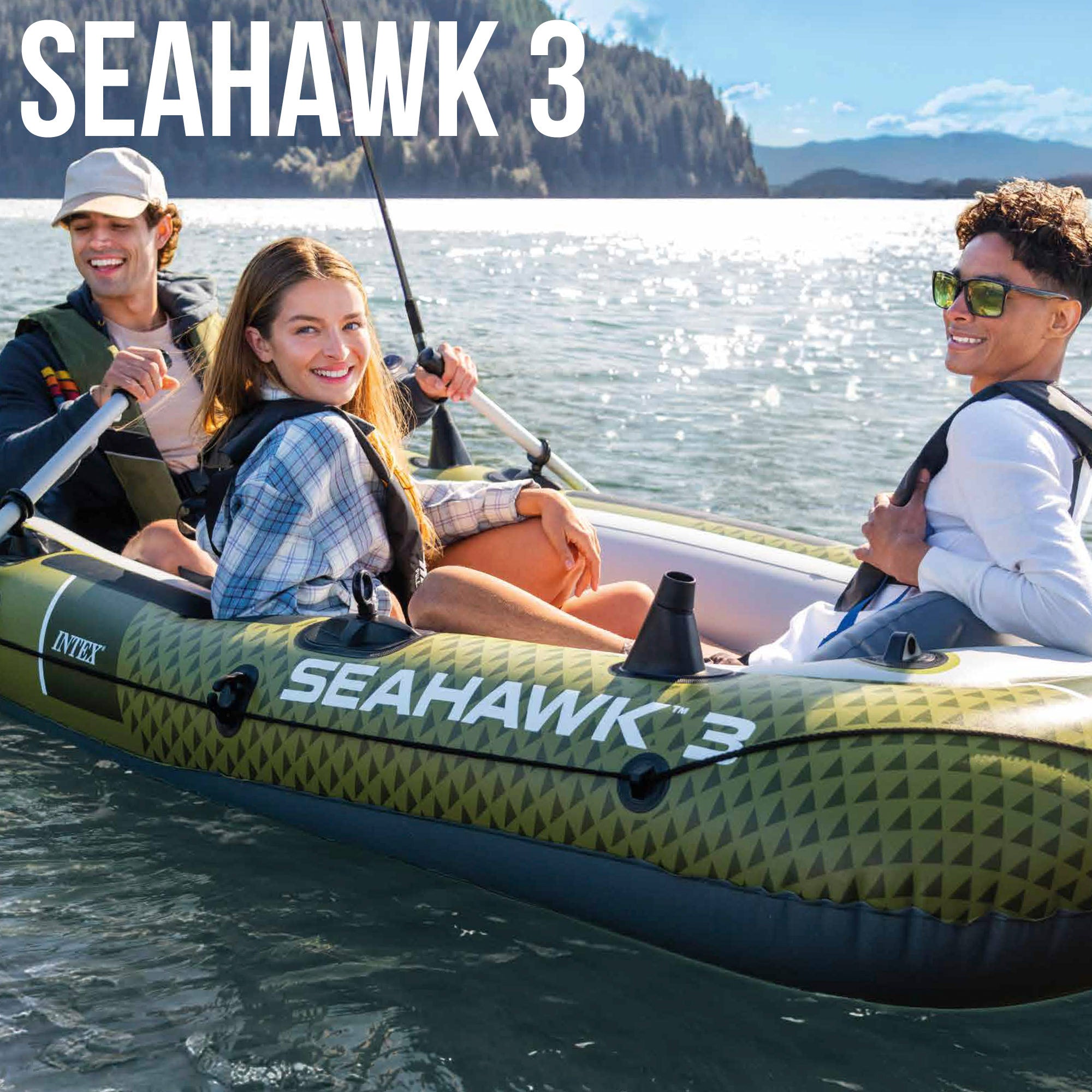 Bote insuflável INTEX Seahawk 3 com remos, bomba de enchimento e assentos insufláveis.