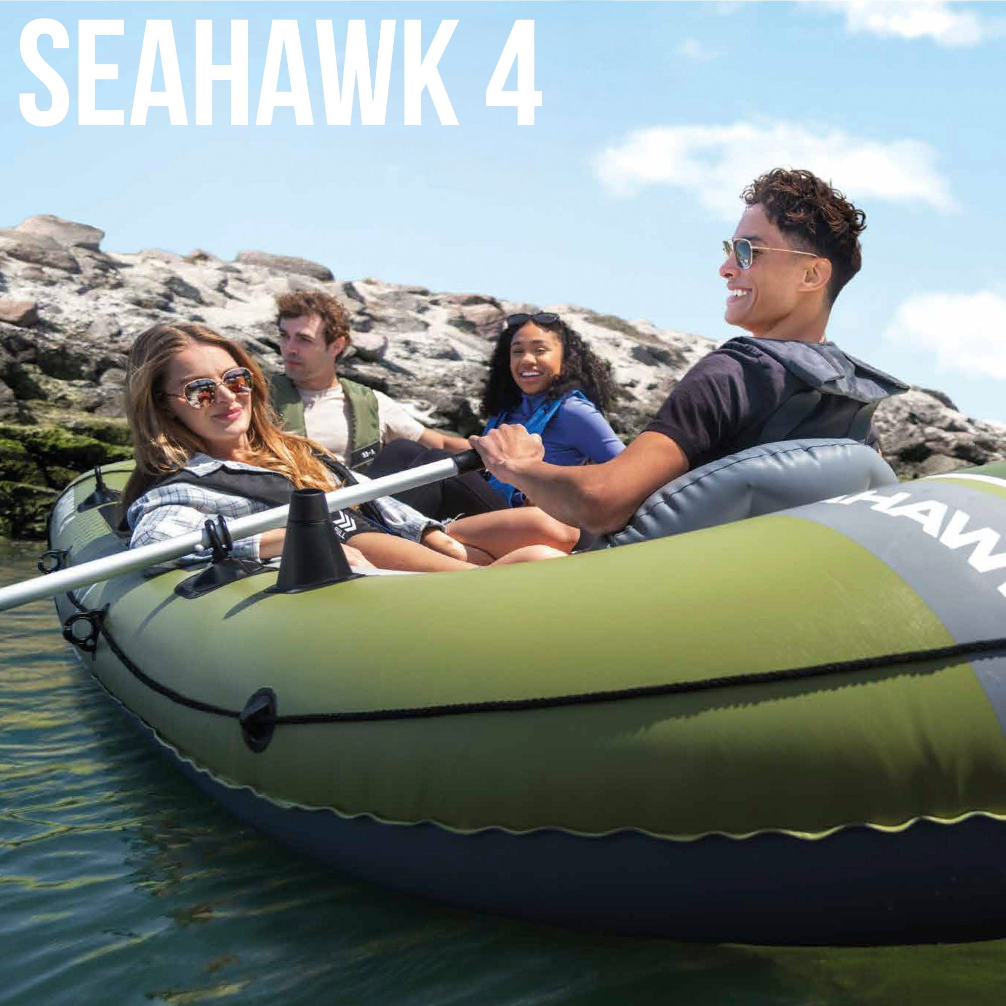 Bote insuflável INTEX Seahawk 4 com remos, bomba de enchimento e assentos insufláveis.
