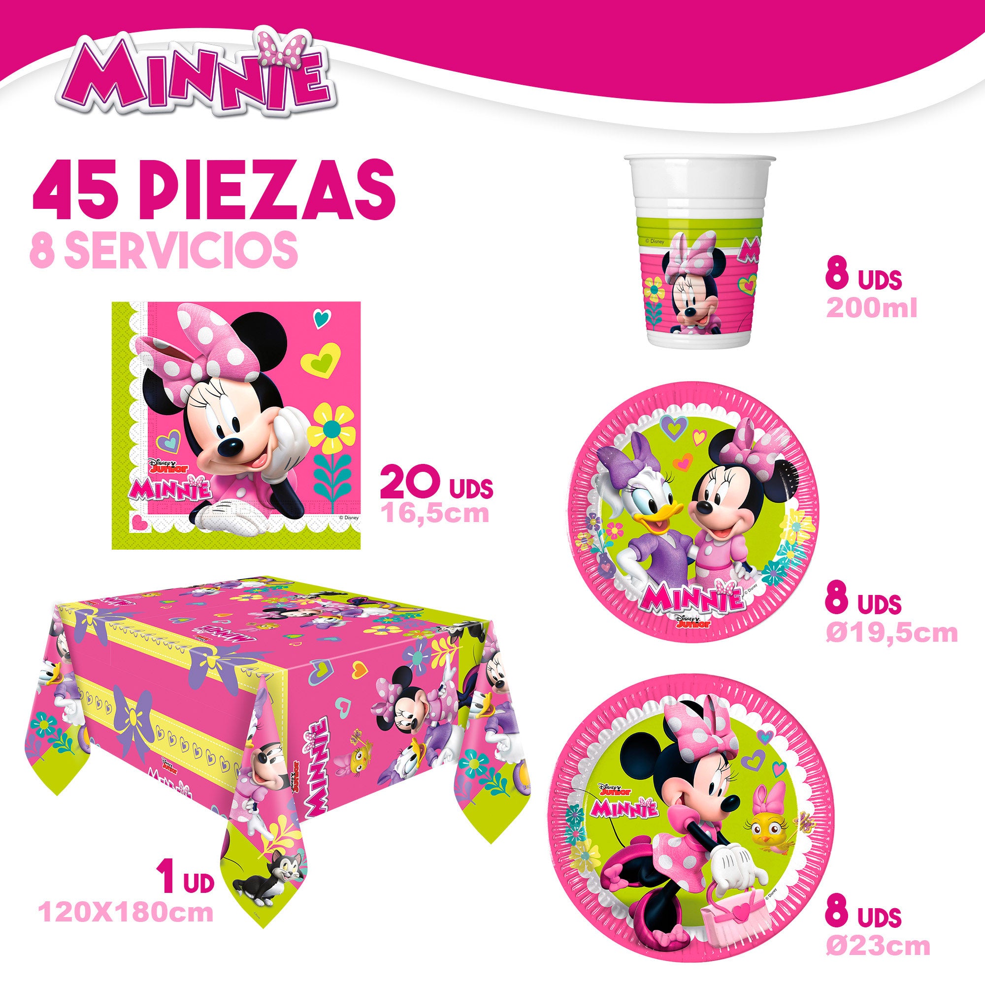 Serviço de louça e decoração infantil descartável da Minnie Mouse, 66 peças.