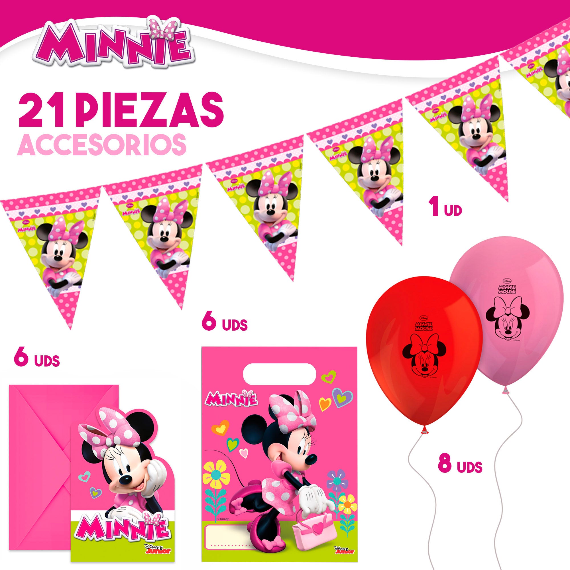 Serviço de louça e decoração infantil descartável da Minnie Mouse, 66 peças.