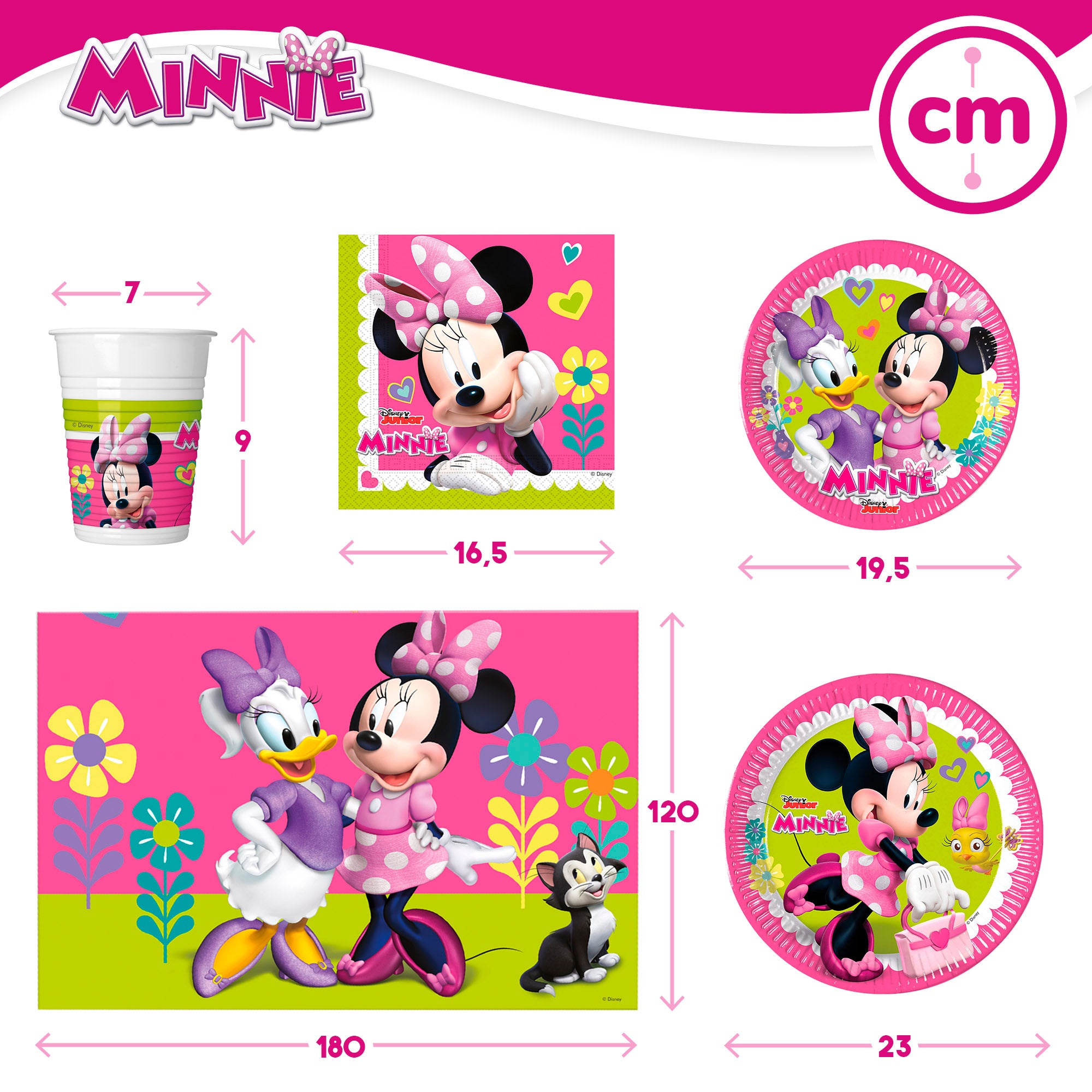 Serviço de louça e decoração infantil descartável da Minnie Mouse, 66 peças.