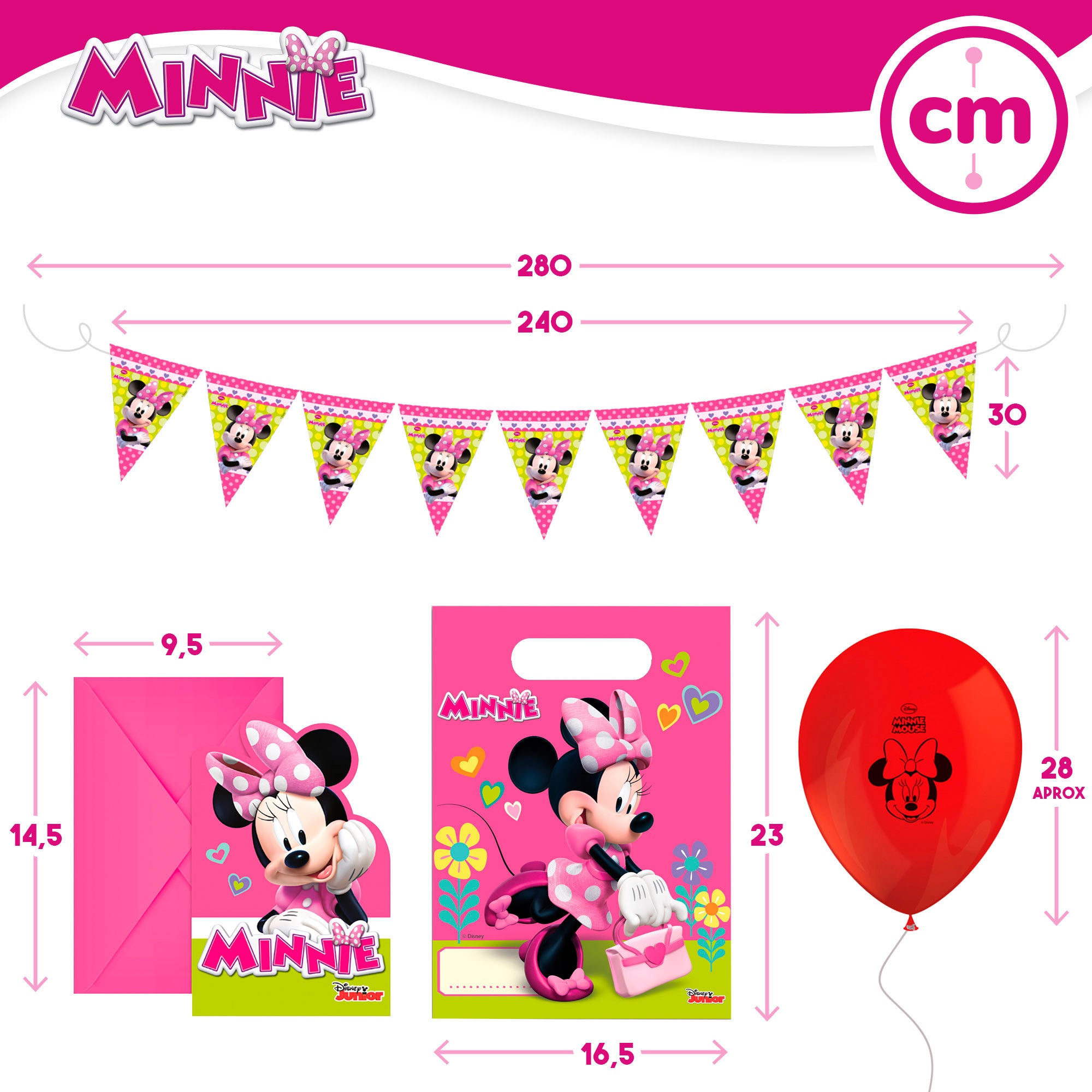 Serviço de louça e decoração infantil descartável da Minnie Mouse, 66 peças.