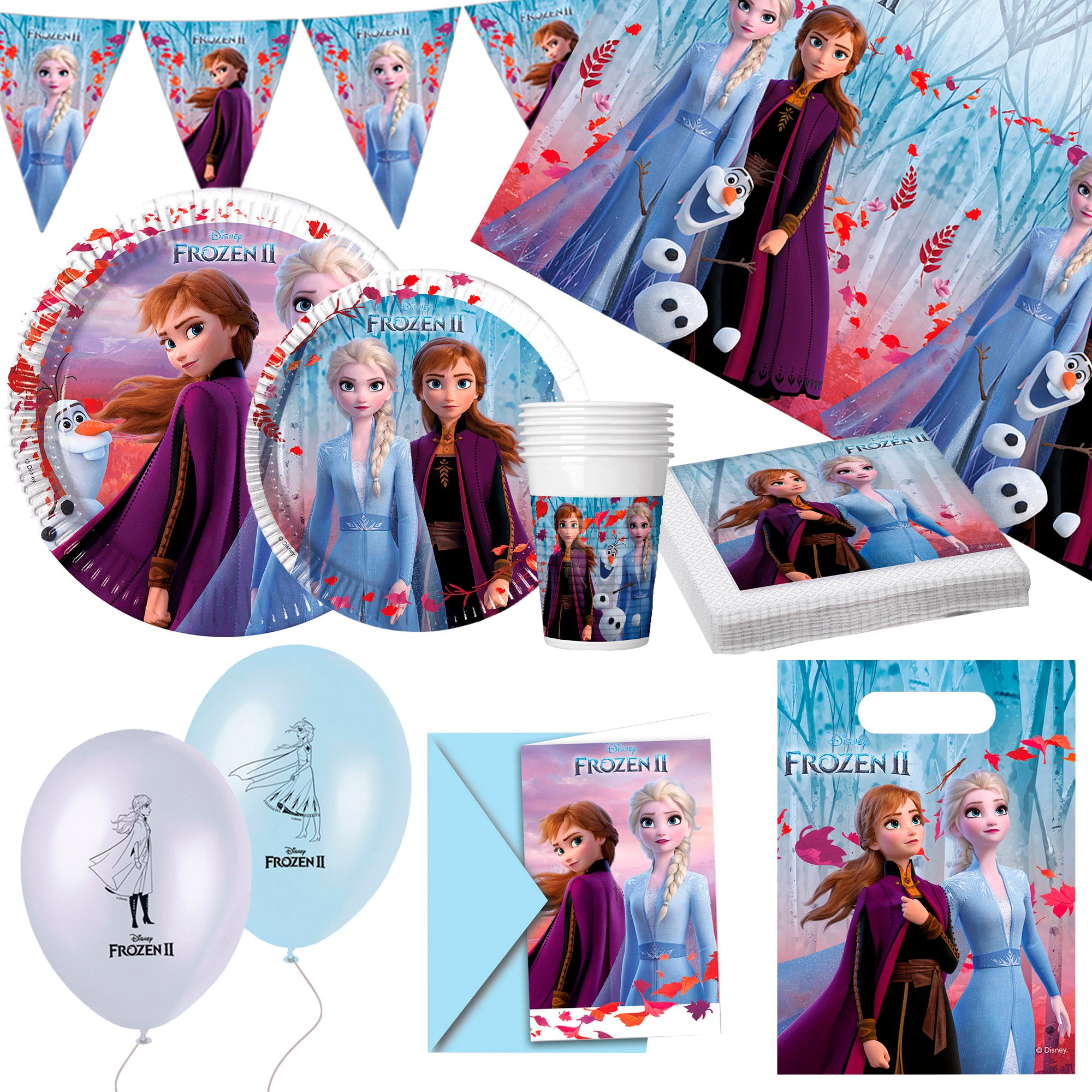 Conjunto Frozen de louça infantil e decoração descartável com 66 peças.