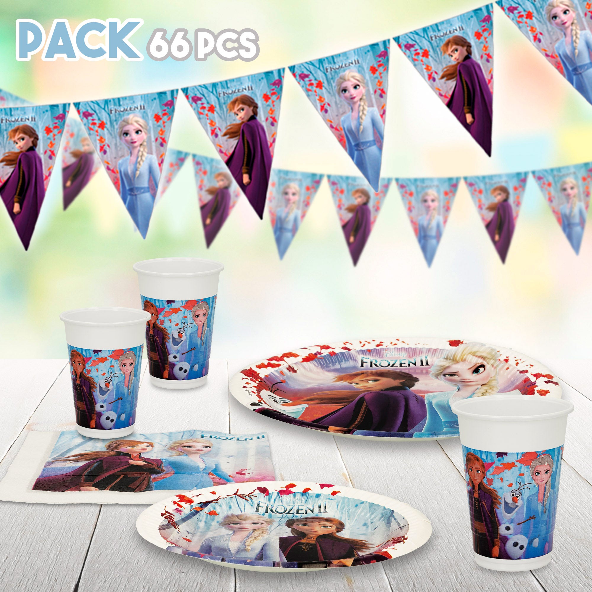 Conjunto Frozen de louça infantil e decoração descartável com 66 peças.