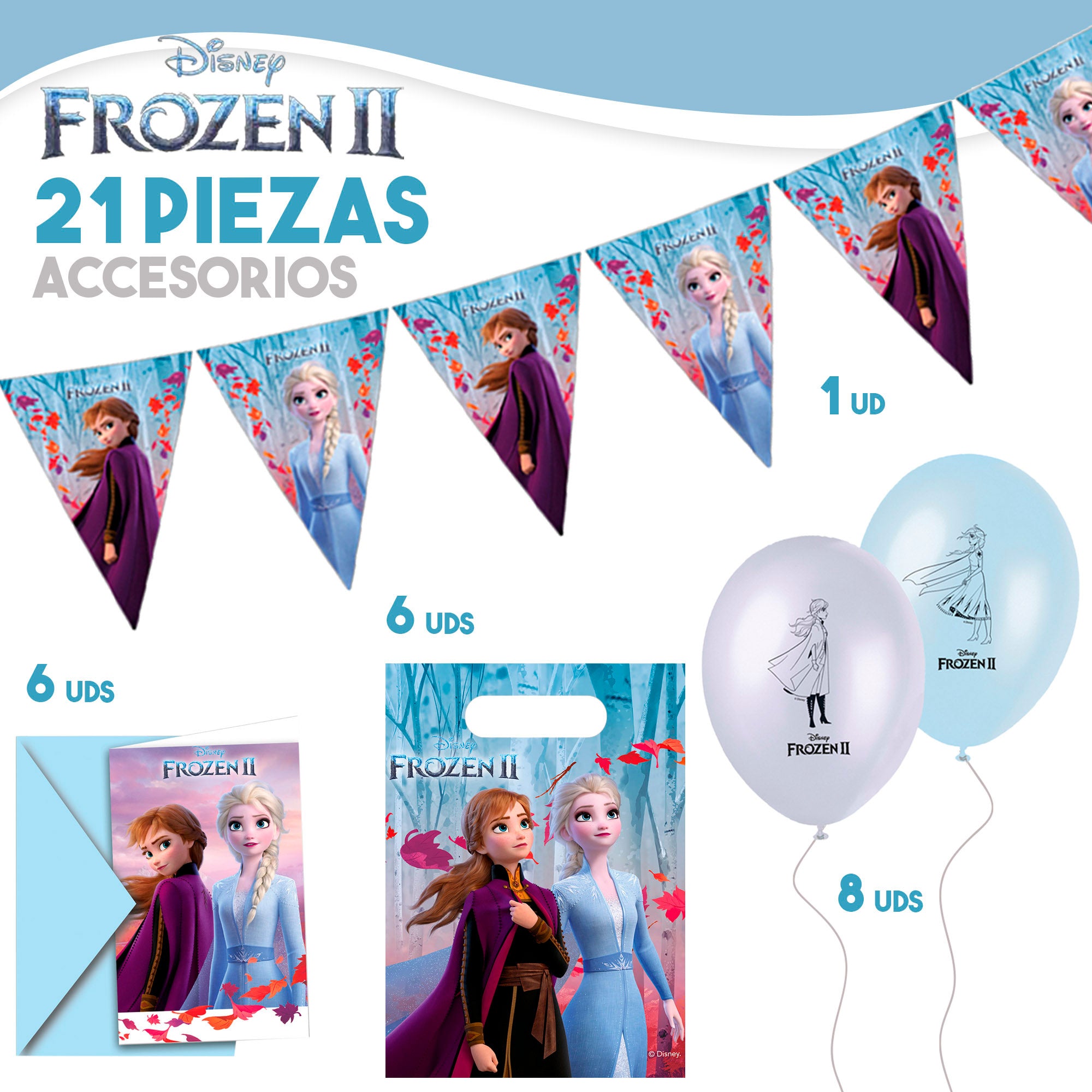Conjunto Frozen de louça infantil e decoração descartável com 66 peças.