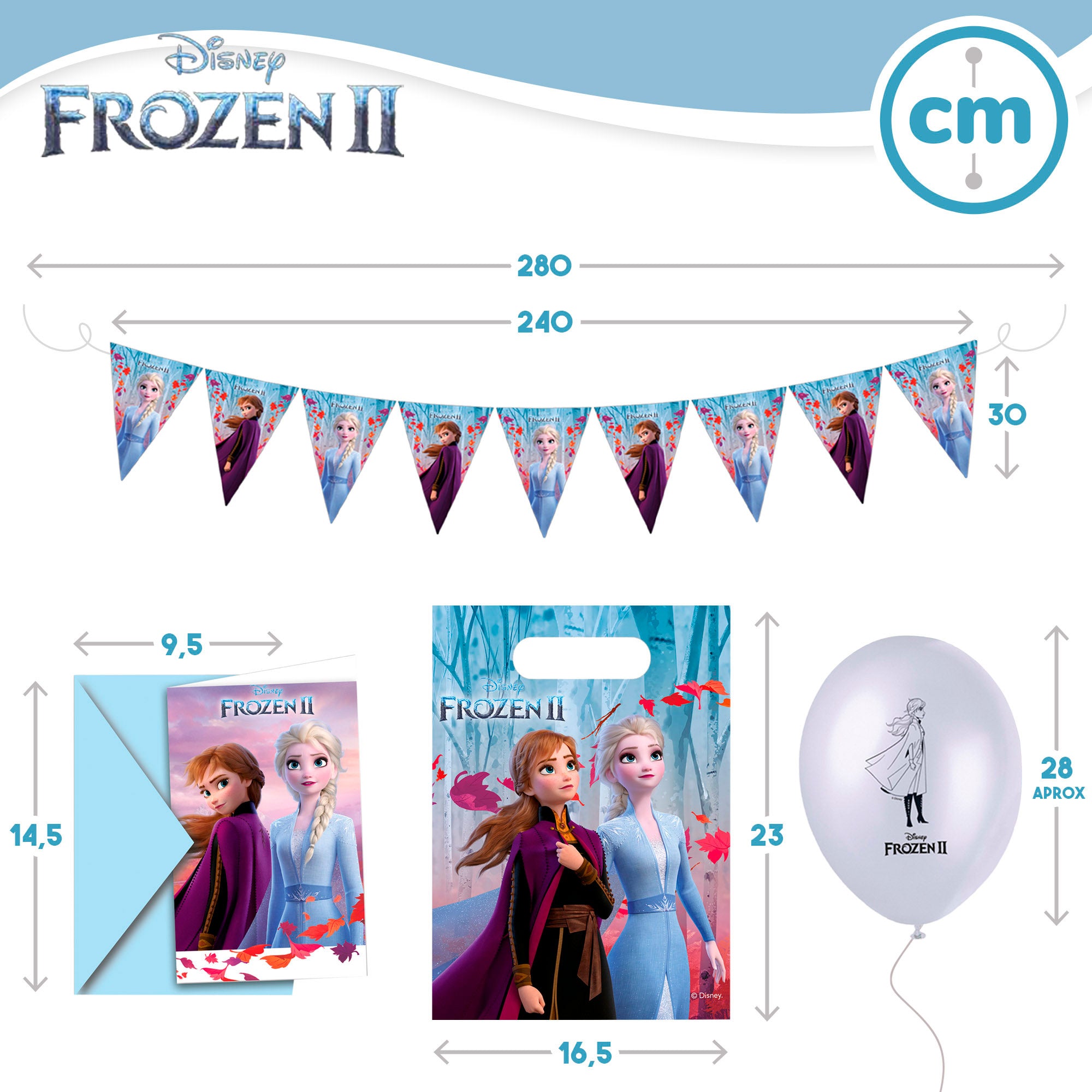 Conjunto Frozen de louça infantil e decoração descartável com 66 peças.