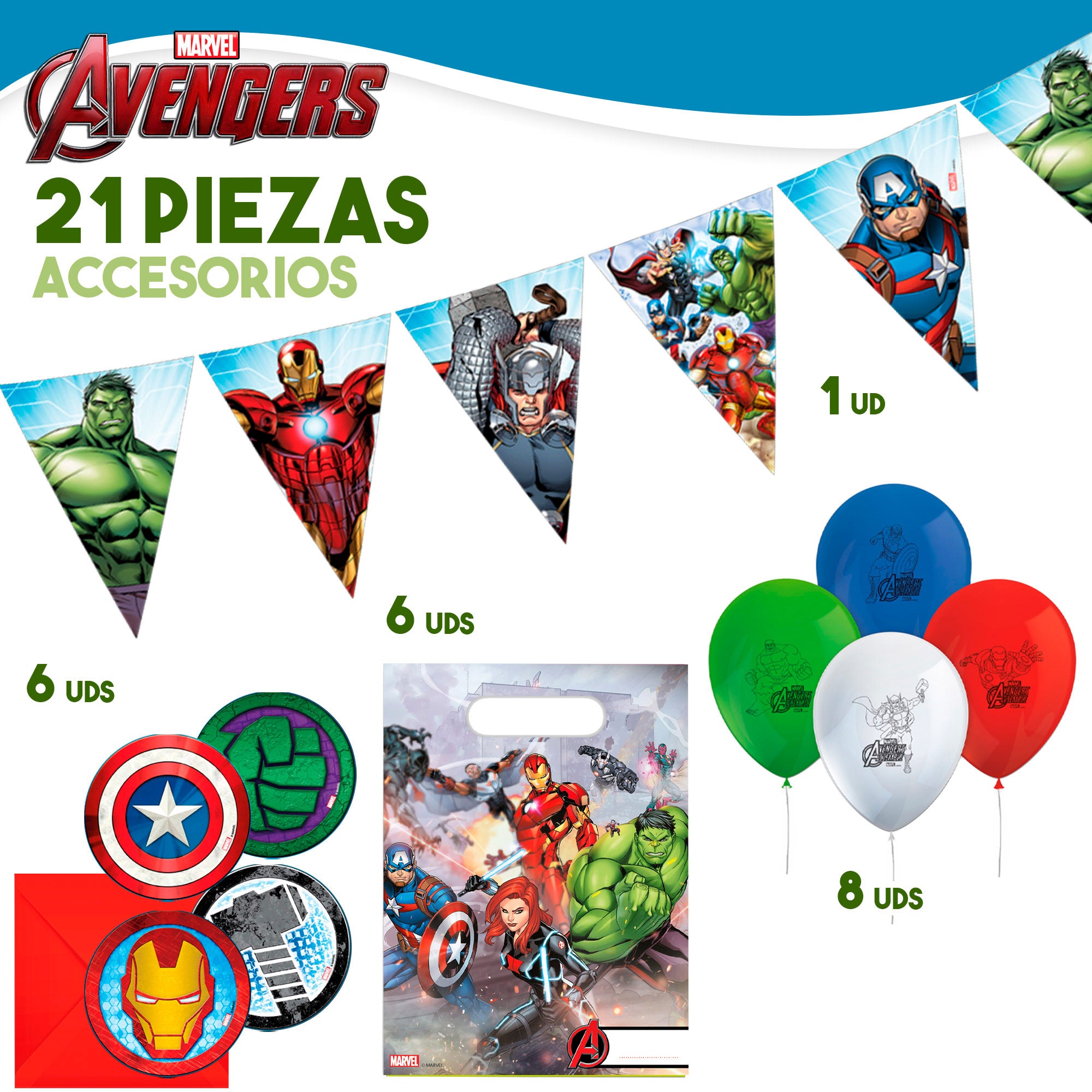 Serviço de louça e decoração infantil dos Vingadores, descartável, 66 peças