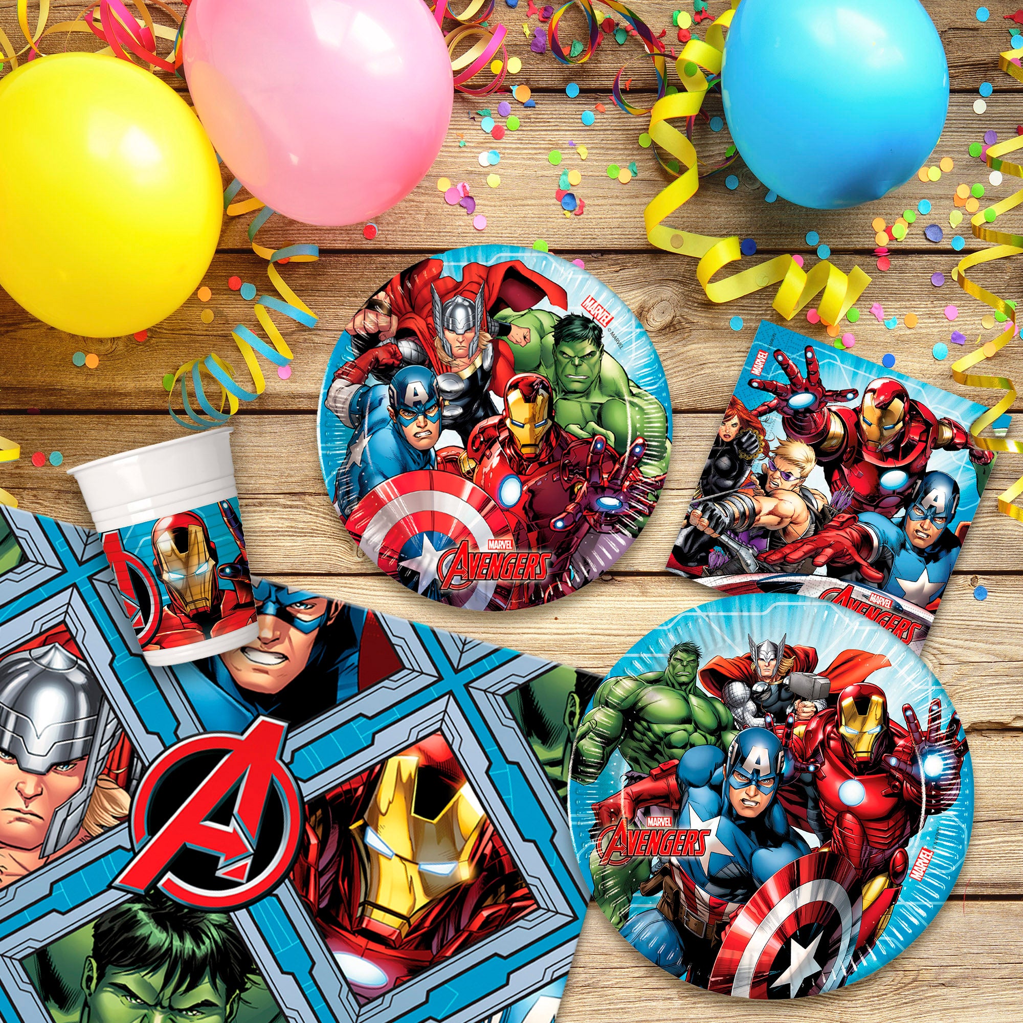 Serviço de louça e decoração infantil dos Vingadores, descartável, 66 peças