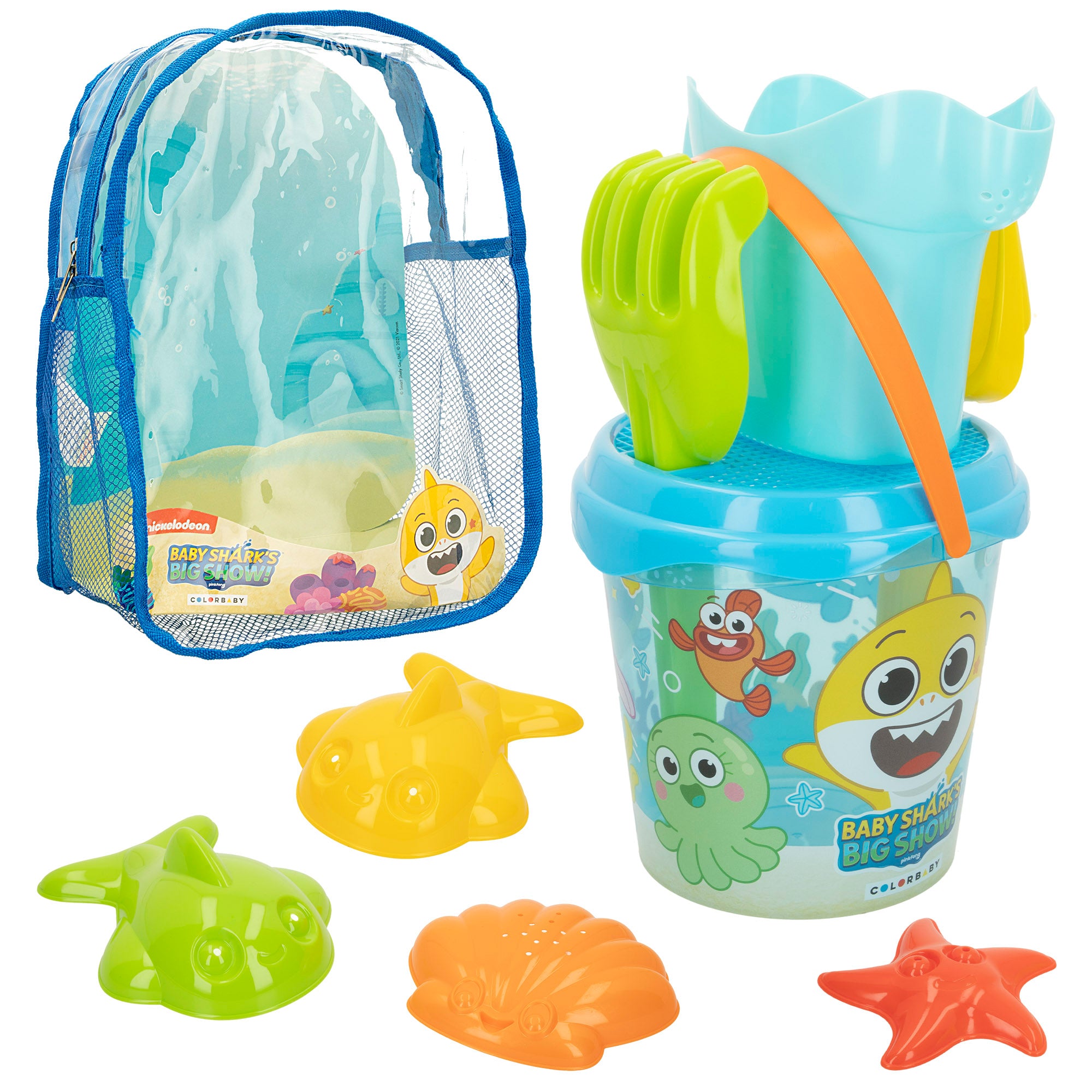Conjunto de Balde de Praia Baby Shark com Acessórios e Mochila para Transporte