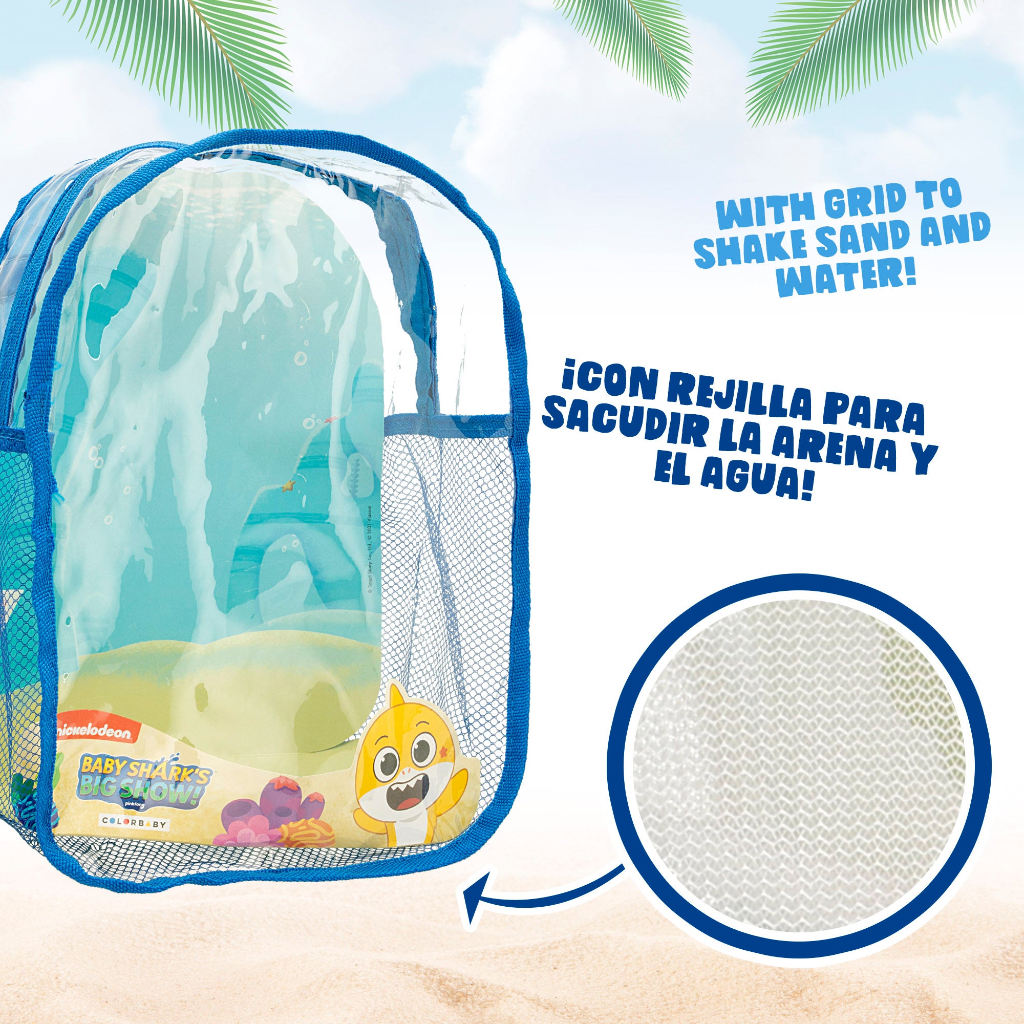 Conjunto de Balde de Praia Baby Shark com Acessórios e Mochila para Transporte