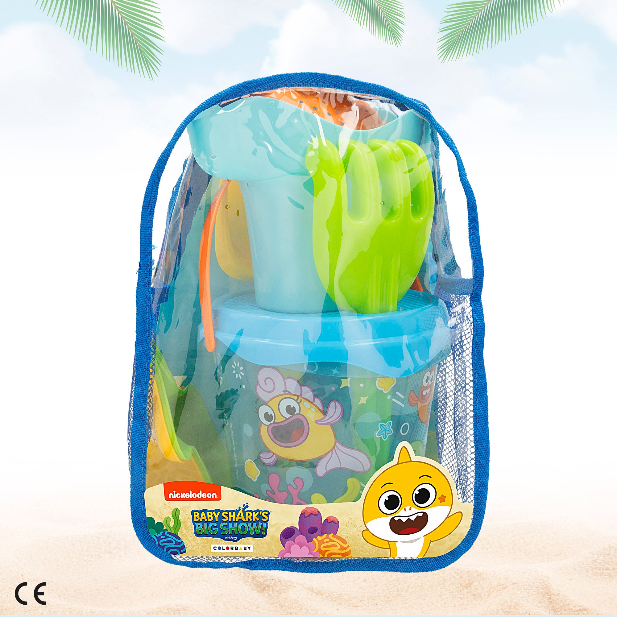 Conjunto de Balde de Praia Baby Shark com Acessórios e Mochila para Transporte