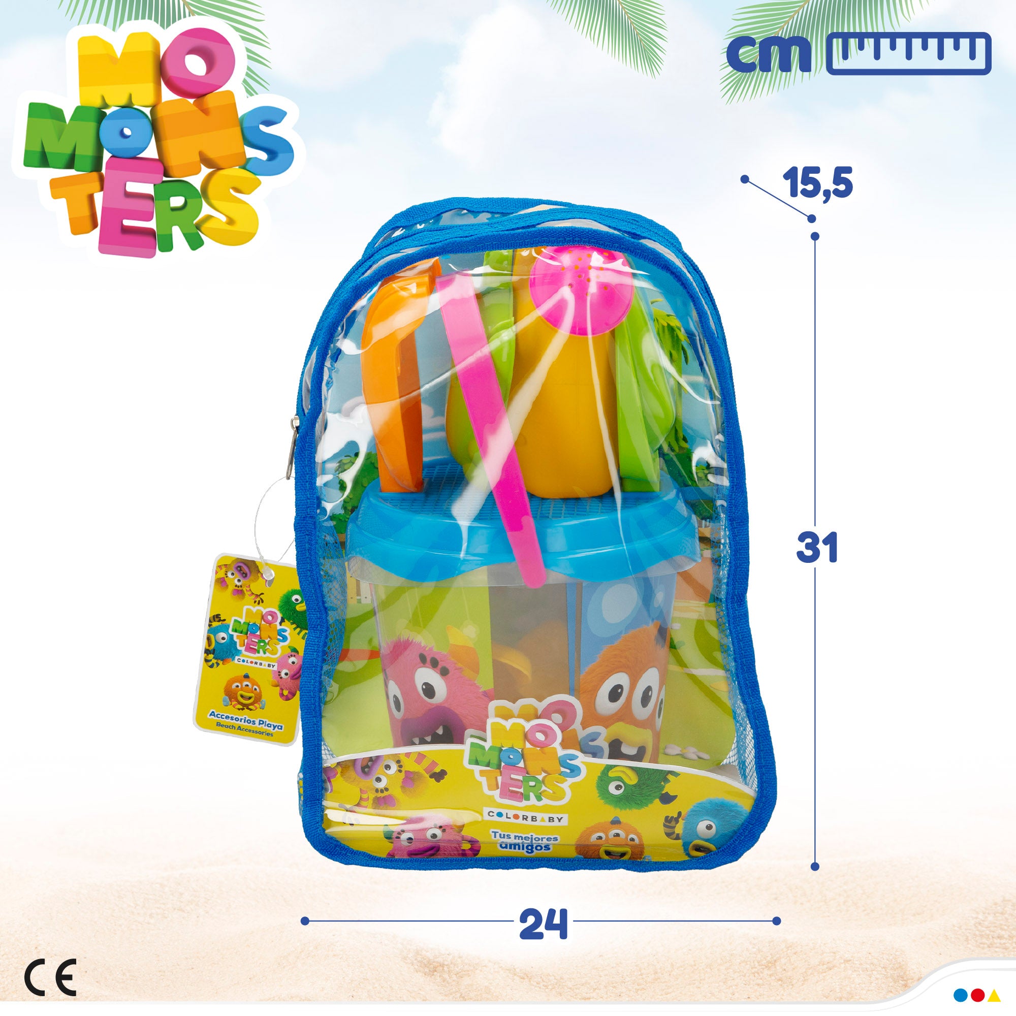 Conjunto de Baldes de Praia Momonsters com Acessórios e Mochila para Transporte