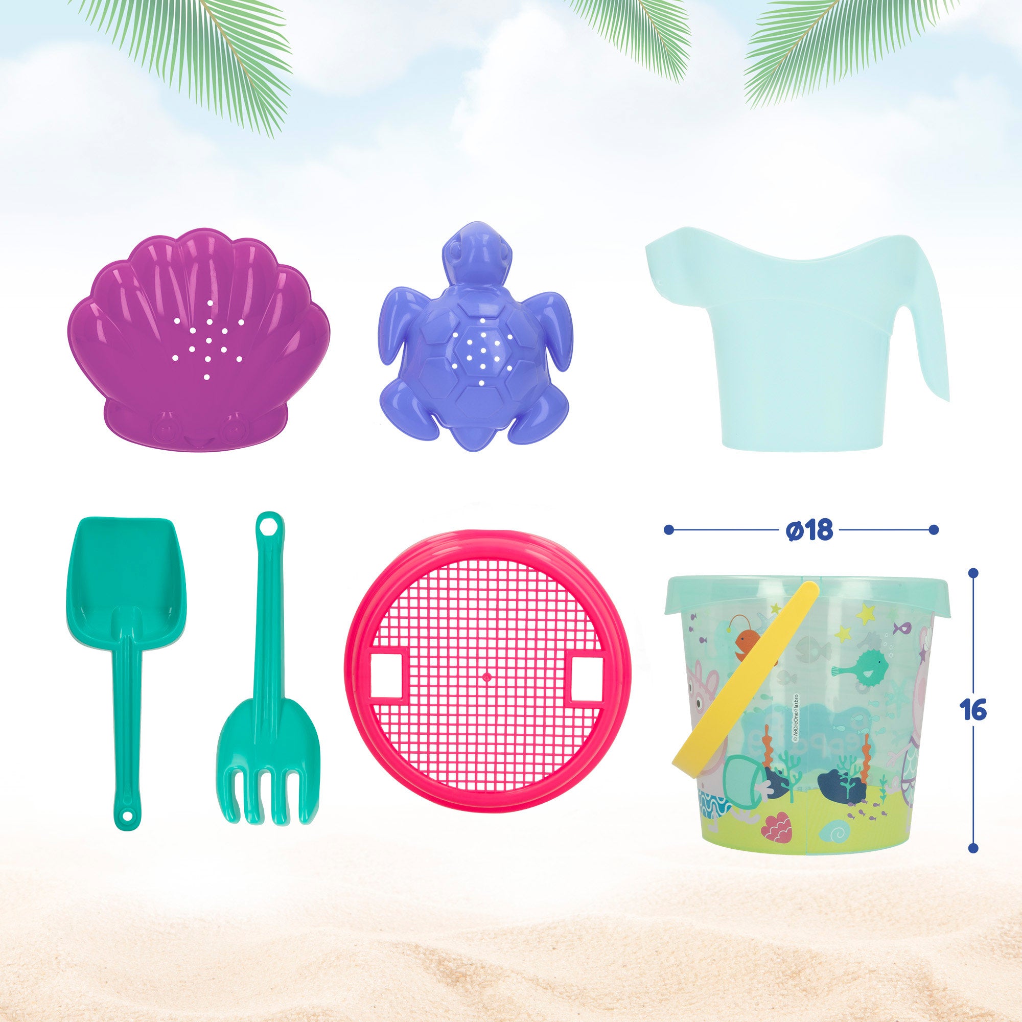 Conjunto de Baldes de Praia Peppa Pig com Acessórios e Mochila para Transporte